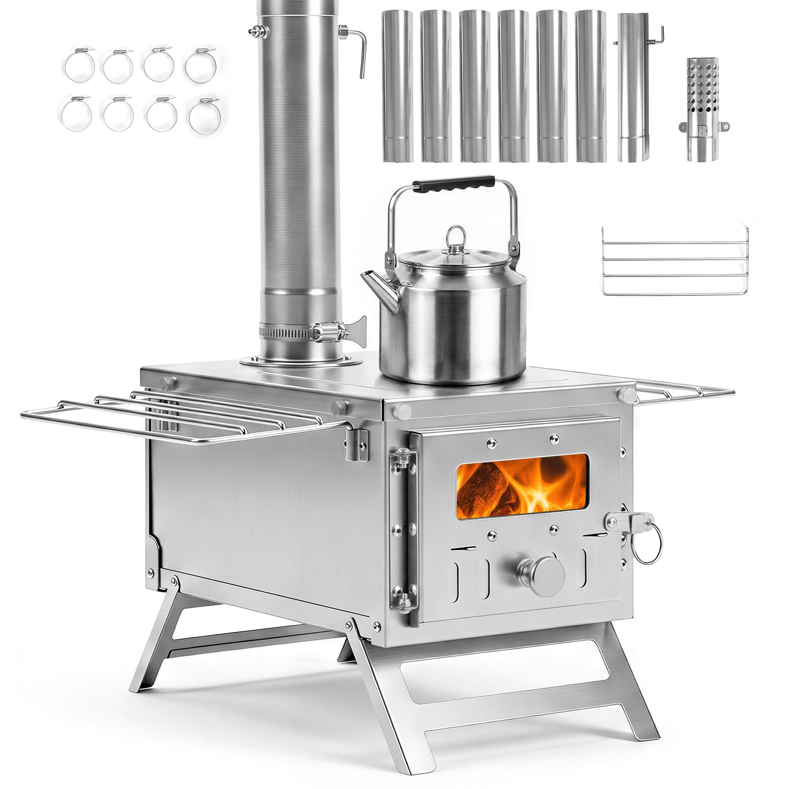 COSTWAY Hot Tent Stove, Camping Tent Stove (Silver, 45 x 37 x 219cm)