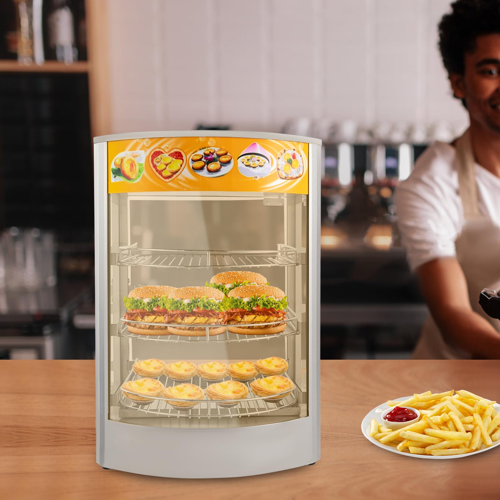Gabinete Calefacción Encimera 0,8 KW Armario Calefacción Comercial Curvo para Alimentos Calientes 3 Capas 30-85 °C Vitrina De Pastelería Apto Para Cantinas Panaderías Cafés
