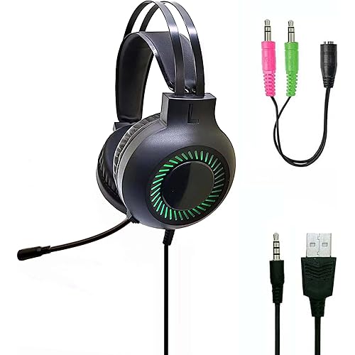 Gaming Headset with RGB LED Lights, Stereo Sound, Adjustable Mic, USB and 3.5mm Audio, Black