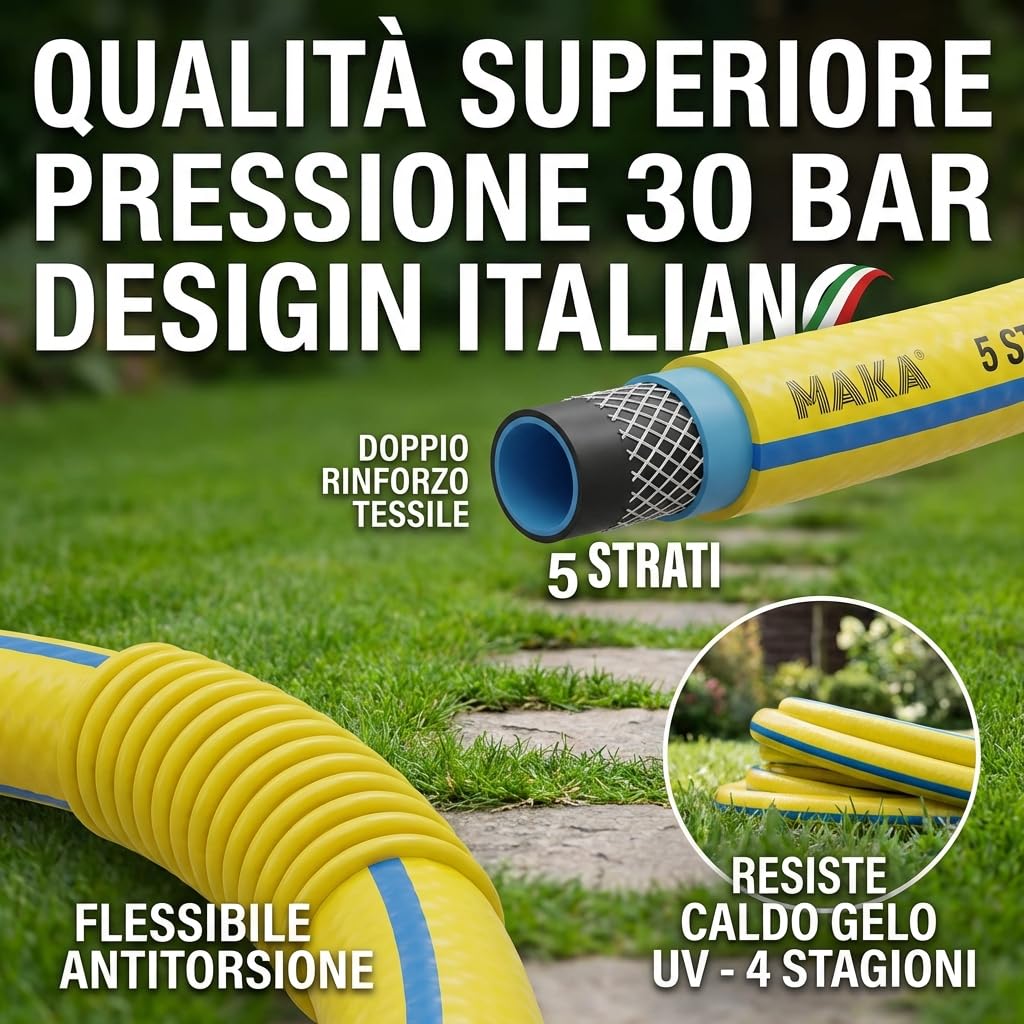 MAKA Tubo Acqua Giardino 1/2 5/8 3/4 1 Pollice 5 Strati Pressione 30 Bar Flessibile Doppio Rinforzo Tessile Retinato Magliato Antitorsione Resiste a Caldo Gelo UV 4 Stagioni (5/8 pollici, 50 metri)