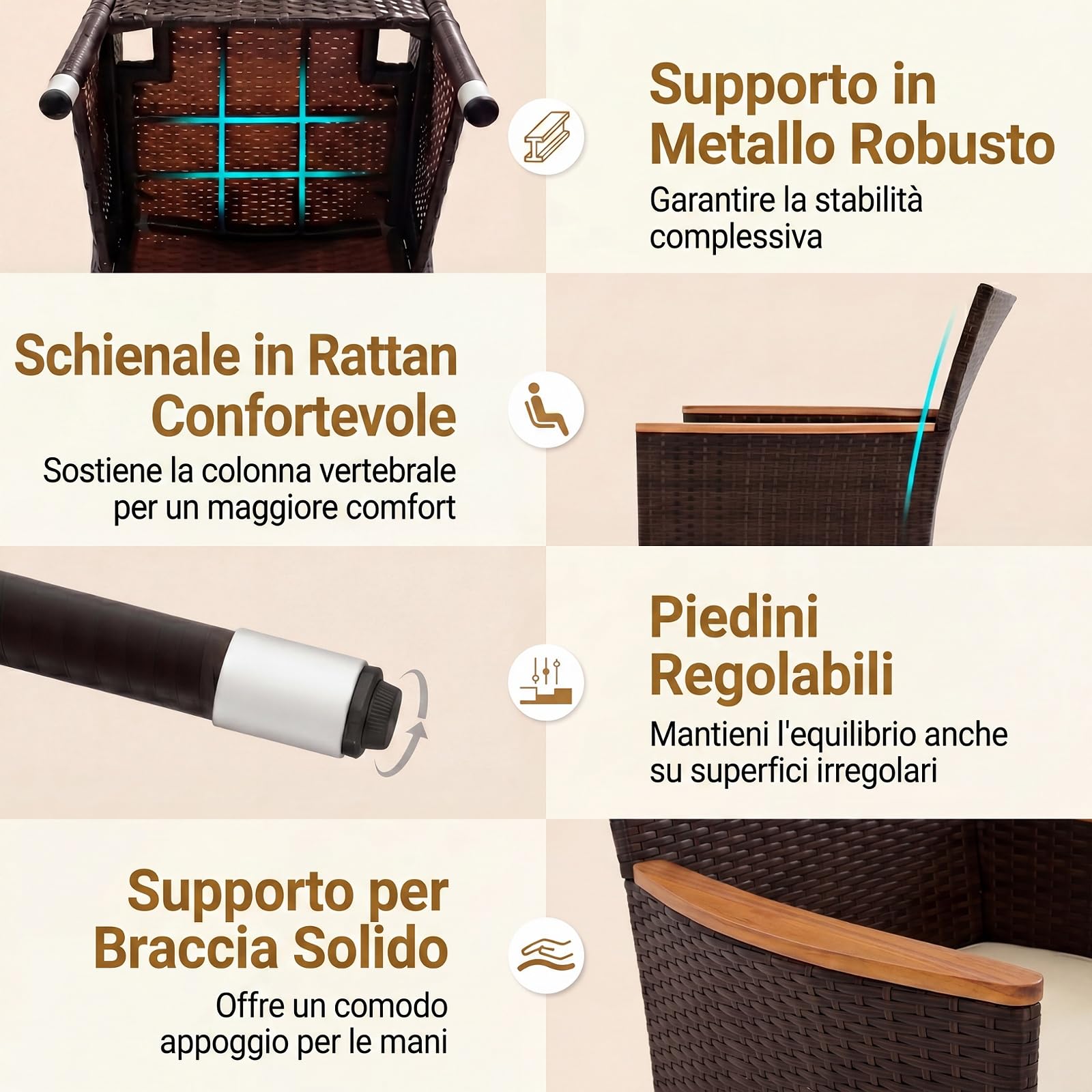 SOARS Set da Giardino Esterno 9 Pezzi, Tavolo e Sedie da Giardino in PE Rattan con Foro per Ombrellone 5 CM, Salotto da Esterno con Cuscini Morbidi per Terrazza e Patio, Portata 180 KG e 150 KG