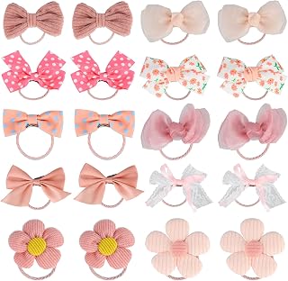 20 Pcs Sakura Pink Dog Hair Bow, Bow Bulk with Rubber Bands Elastic, Mix Style Handmade Cute Dogs Gooming Flower Ball Bowknot Top Knot for Pet Hair Grooming, Photo Taking and Daily Entertainment