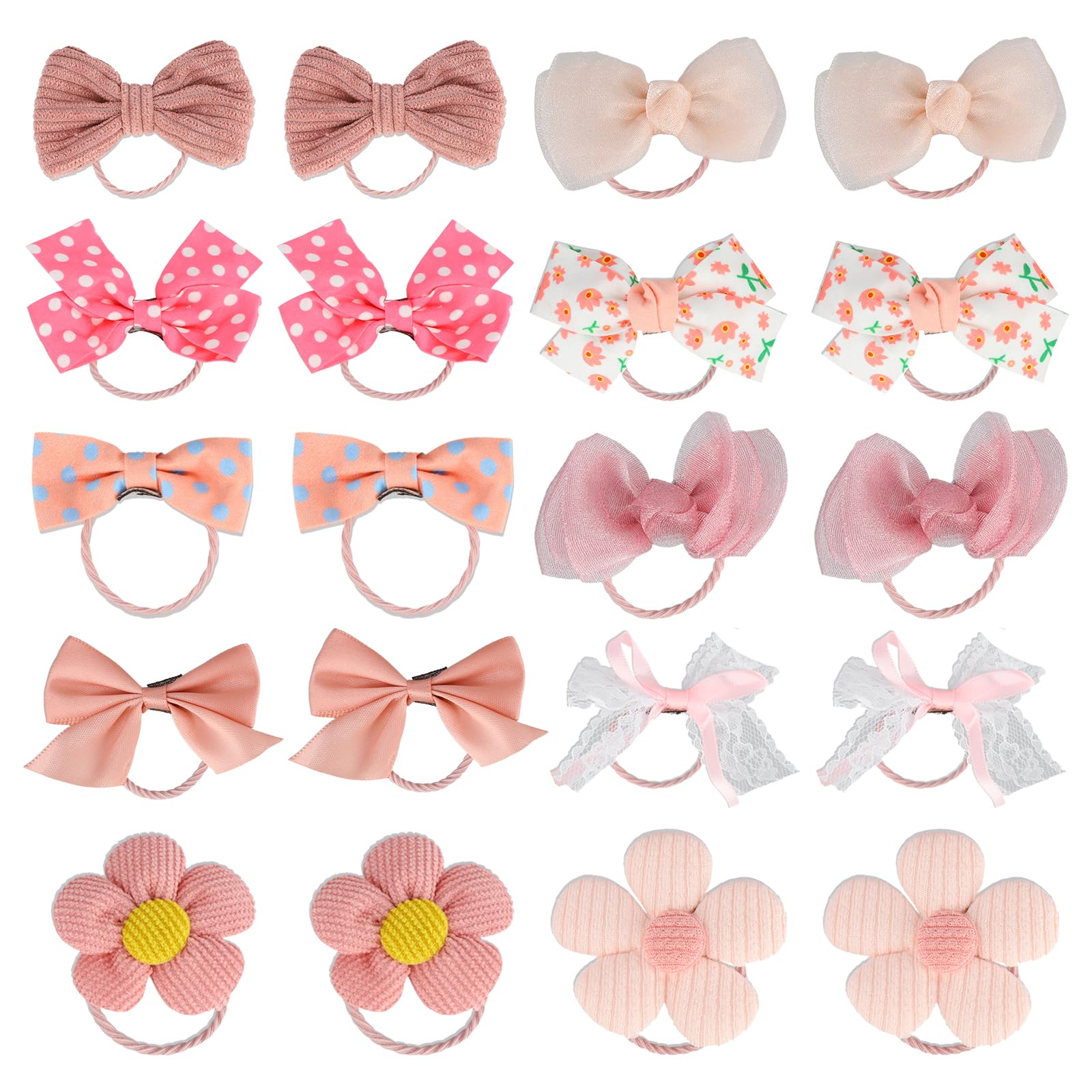 20 Pcs Sakura Pink Dog Hair Bow, Bow Bulk with Rubber Bands Elastic, Mix Style Handmade Cute Dogs Gooming Flower Ball Bowknot Top Knot for Pet Hair Grooming, Photo Taking and Daily Entertainment