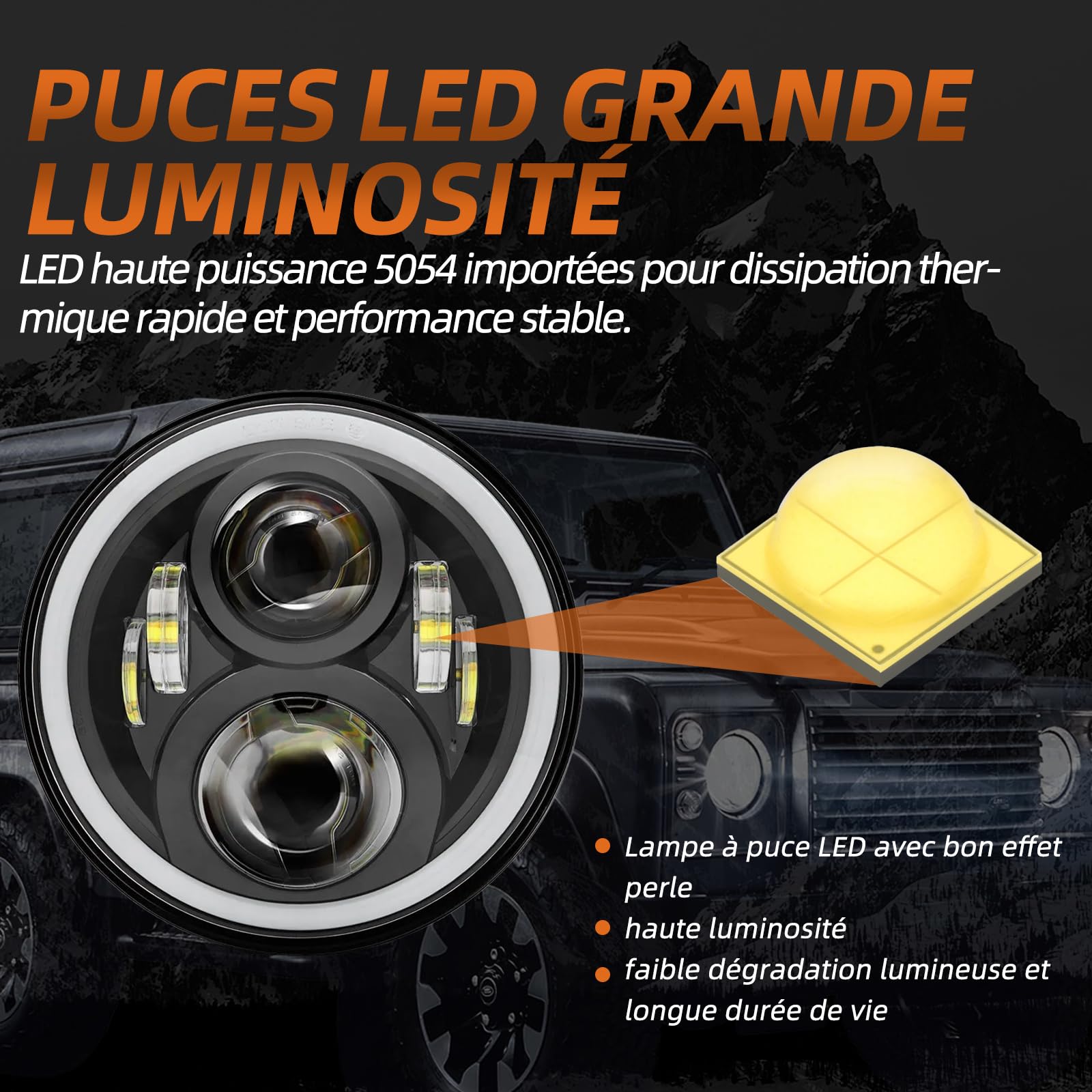 Phare LED 17,8 cm avec lumière de jour halo et clignotants pour phares et antibrouillards pour Defender 90 110