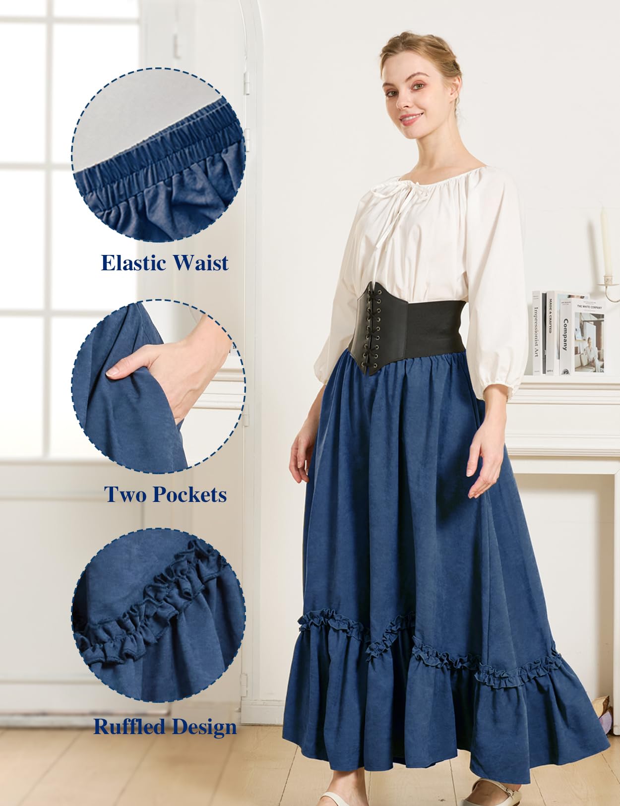 BEAUTELICATE Mittelalter Rock Damen Lang Vintage Maxirock A-Linie mit Taschen Viktorianische Rüsche Weitrock für Wikinger Cosplay LARP Faschings Kostüme