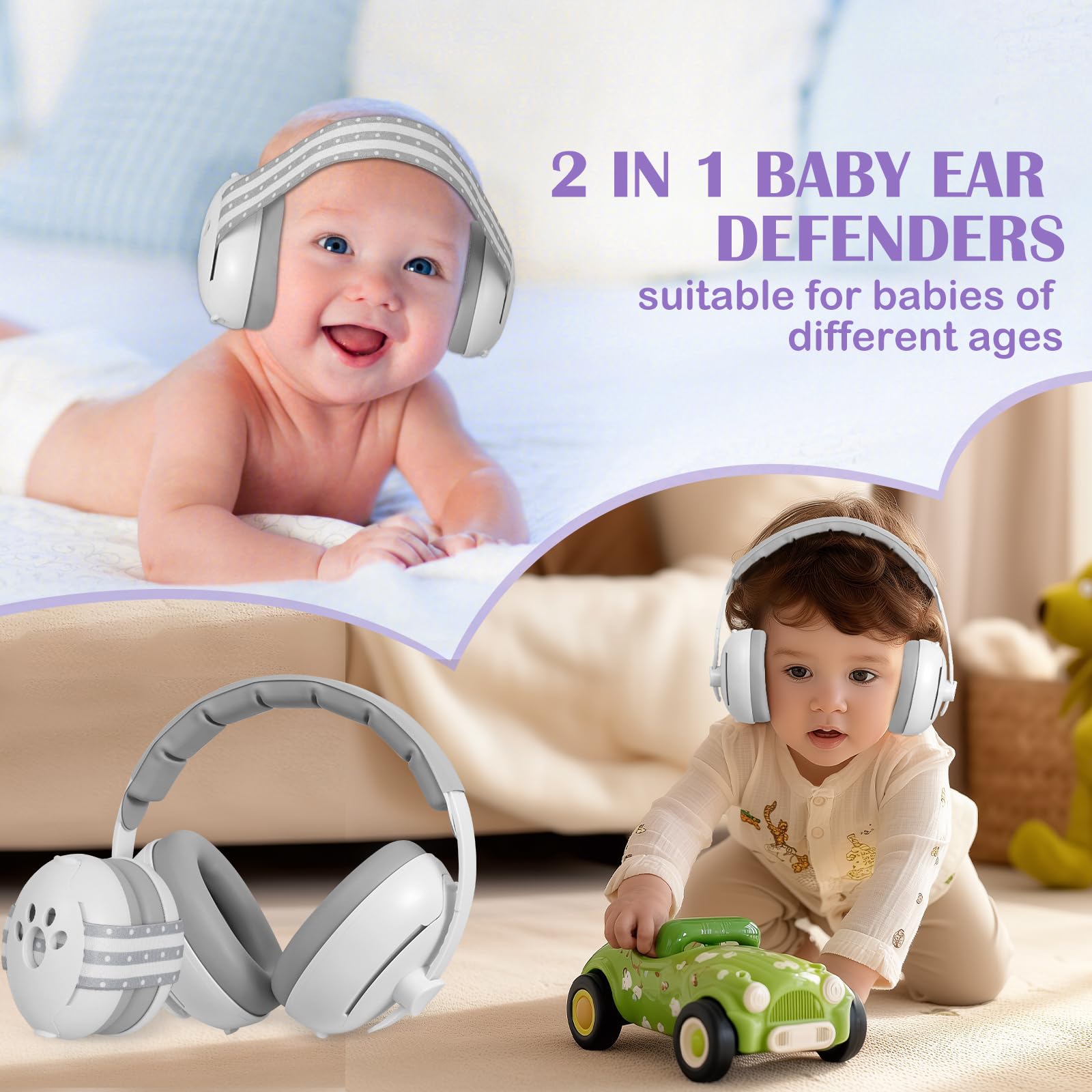 AIXMEET Casque Anti Bruit Bébé,2 en 1 Casque Anti Bruit pour Bébé & Enfant, Protection auditive pour les enfants de 3 à 48 mois,Réglable et Confortable,pour la Vie&les Fêtes (Blanc)
