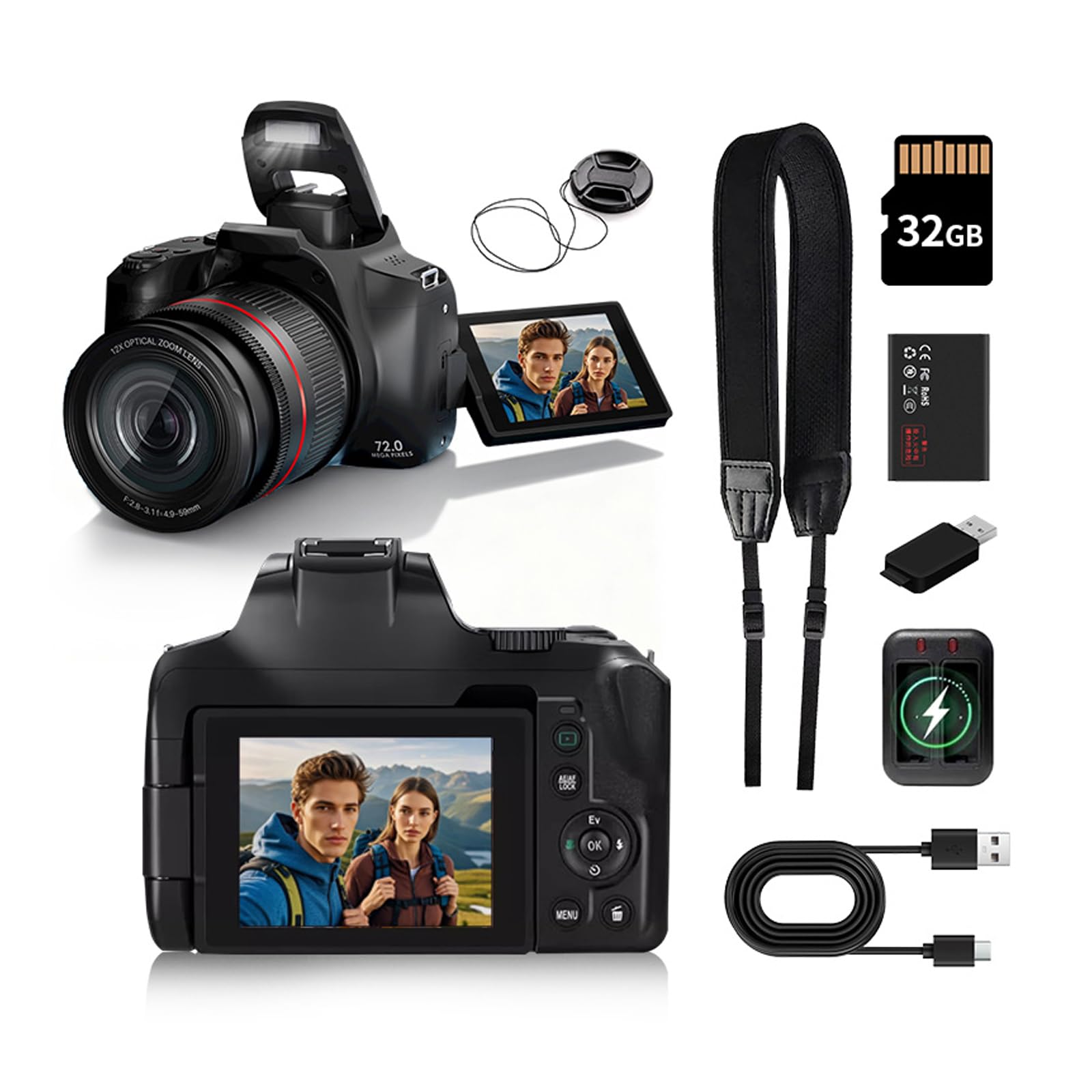 4K Digital Cameras for Photography &amp; Vlogging,72MP WiFi Touch Screen Vlogging Camera,4K Video Camera,12X Optical Zoom,with Flash,Anti-Shake, with Flash with 270°Flip Screen,2 Batteries,32GB Card