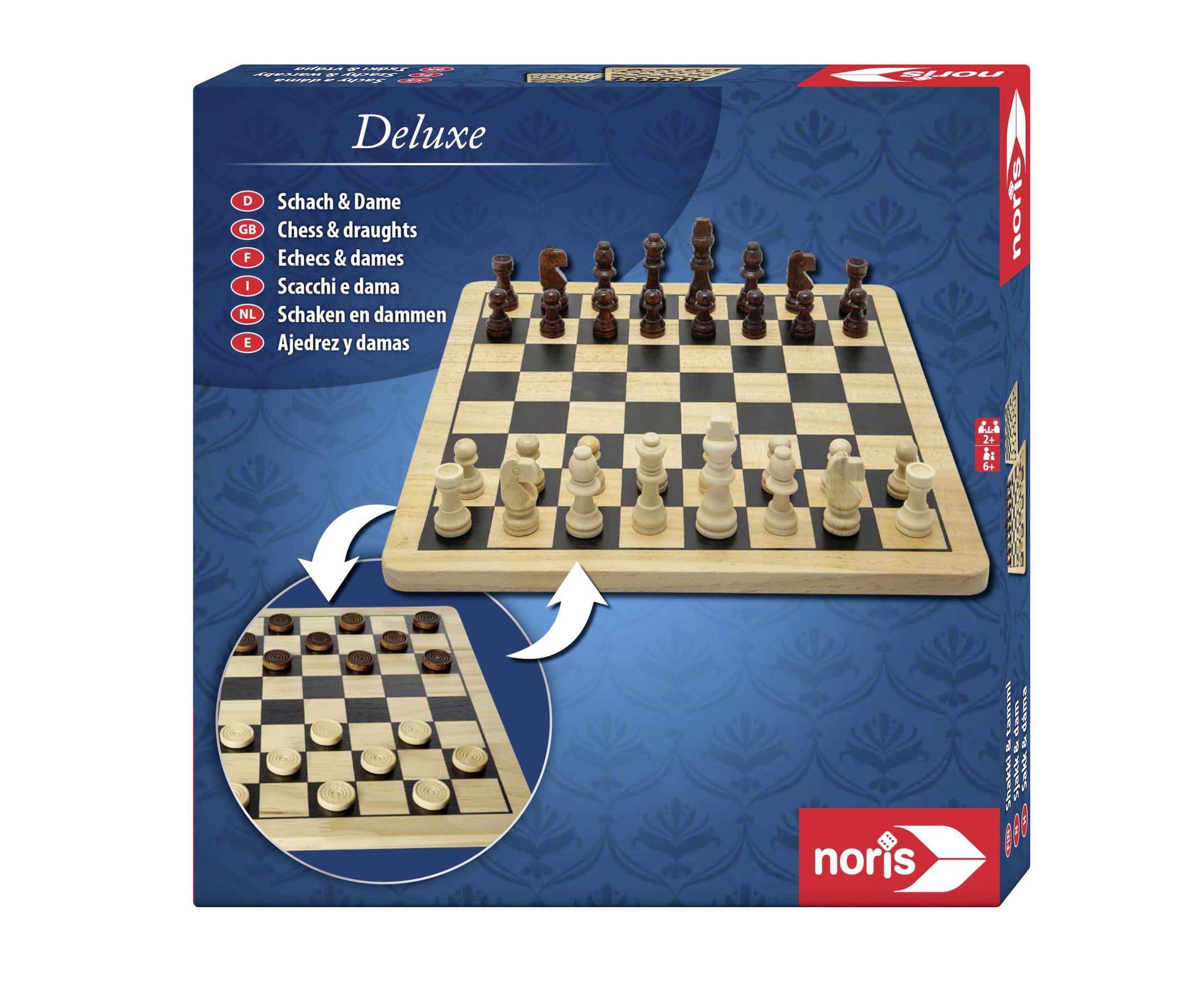 Noris 606104577 - Classic Games - Deluxe Wood - Chess & Checkers - New