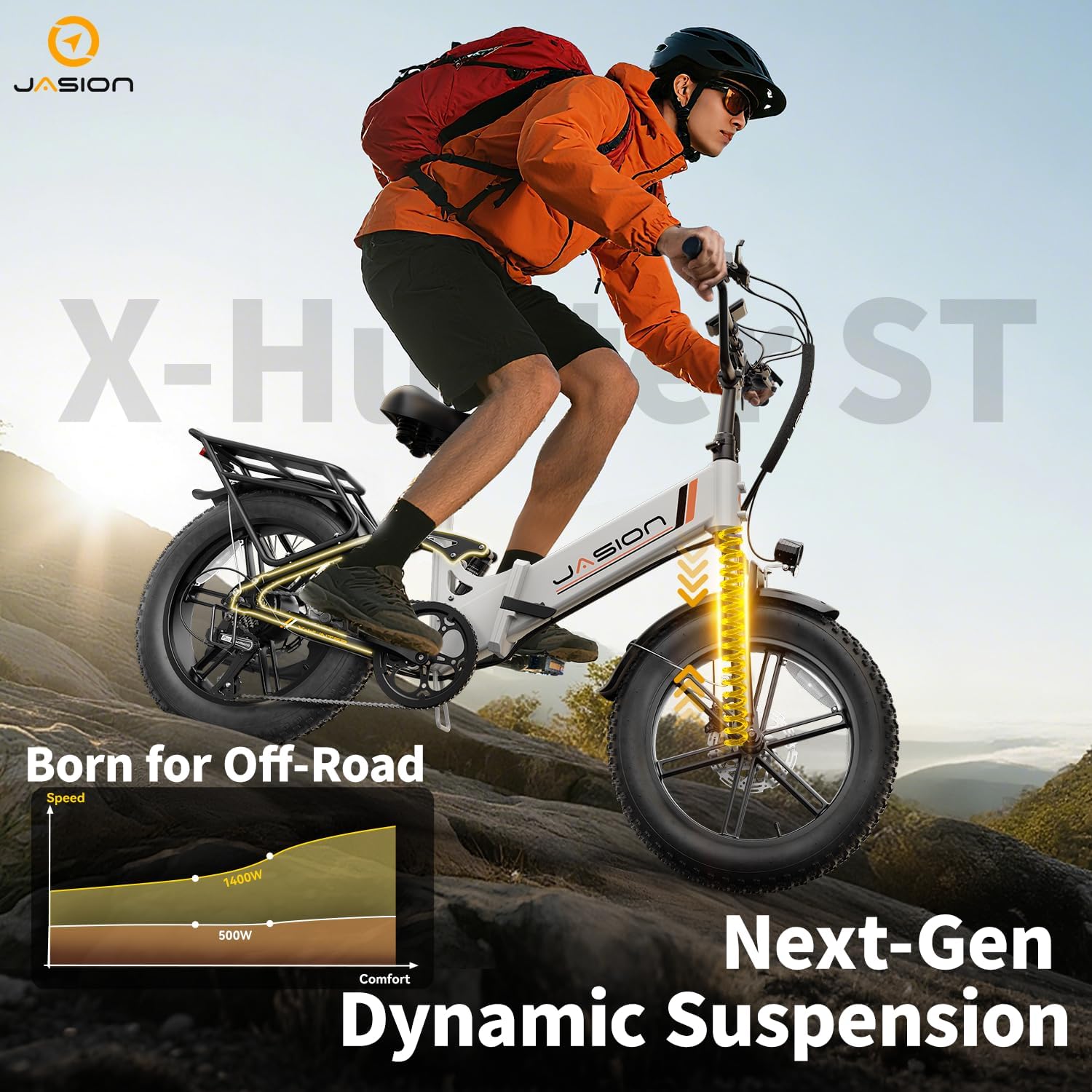 Jasion X-Hunter ST Foldable Electric Bike, 20" Fat Tire, 71Miles & 30+MPH Ebike, 1400W Peak Motor, 624WH Removable Battery, Full Suspension E-Bike for Adult, Step-Thru & Hydraulic Disc Brakes Bicycles