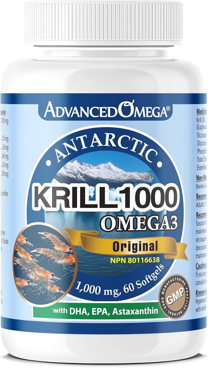 ADVANCED OMEGA AdvancedOmega Krill Oil 1000mg | Antarctic Krill Omega-3 with EPA, DHA, Astaxanthin & Phospholipids | Supports Heart, Brain & Joint Health | Non-GMO, Gluten-Free, Soy-Free | Made in Canada (60 Softgels)