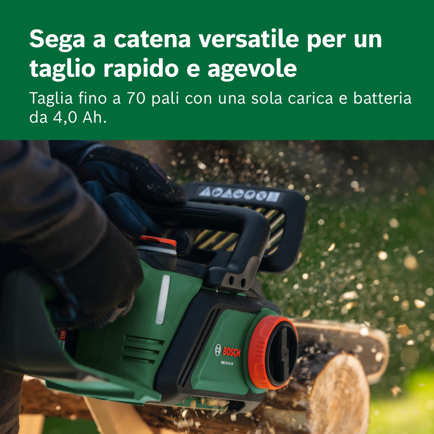 Bosch Sega a catena a batteria PKE18V-30-28 senza batt./caric. | tecnologia OptiCut, Peso: 3,9 kg, velocità della catena: 9 m/s