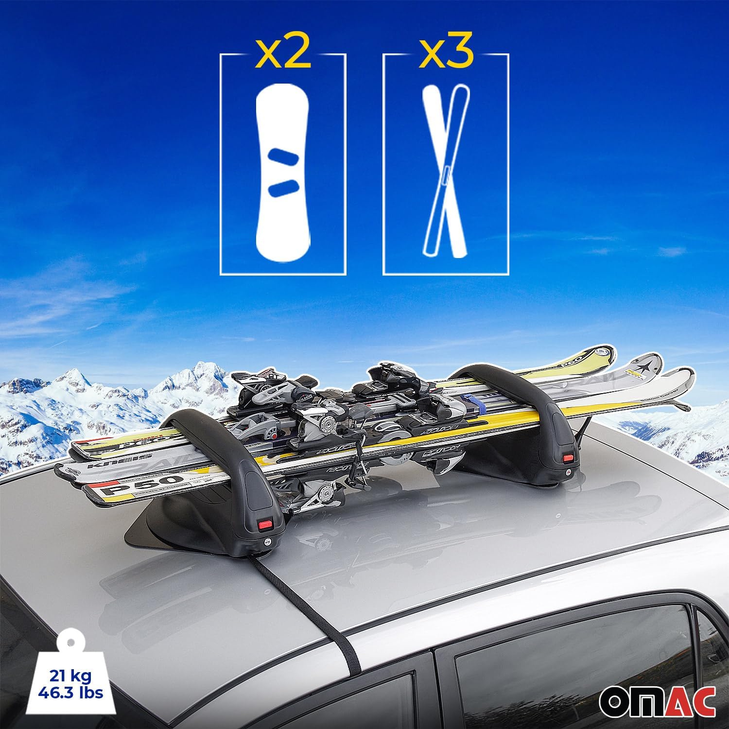OMAC Magnetic Ski Roof Rack Carrier, 3 Pair Skis or 2 Snowboards, Snowboard Holder Rooftop Cargo Carrier with Button & 2 Pieces
