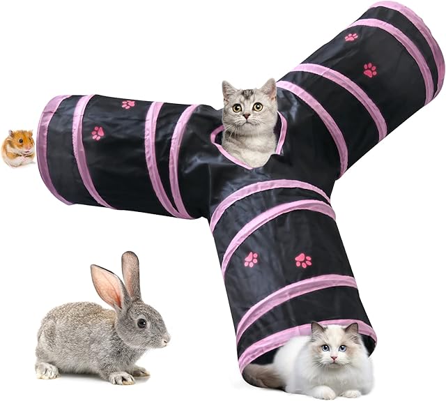 3 Way Cat Tunnel Collapsible Pet Tunnel with Hanging Ball Rabbit Bunny Tunnels Toy Crinkle Tunnel Tube for Indoor Cats Small Animal Activity Tunnel for Kitten Puppy Ferrets Guinea Pig (Black and Pink)