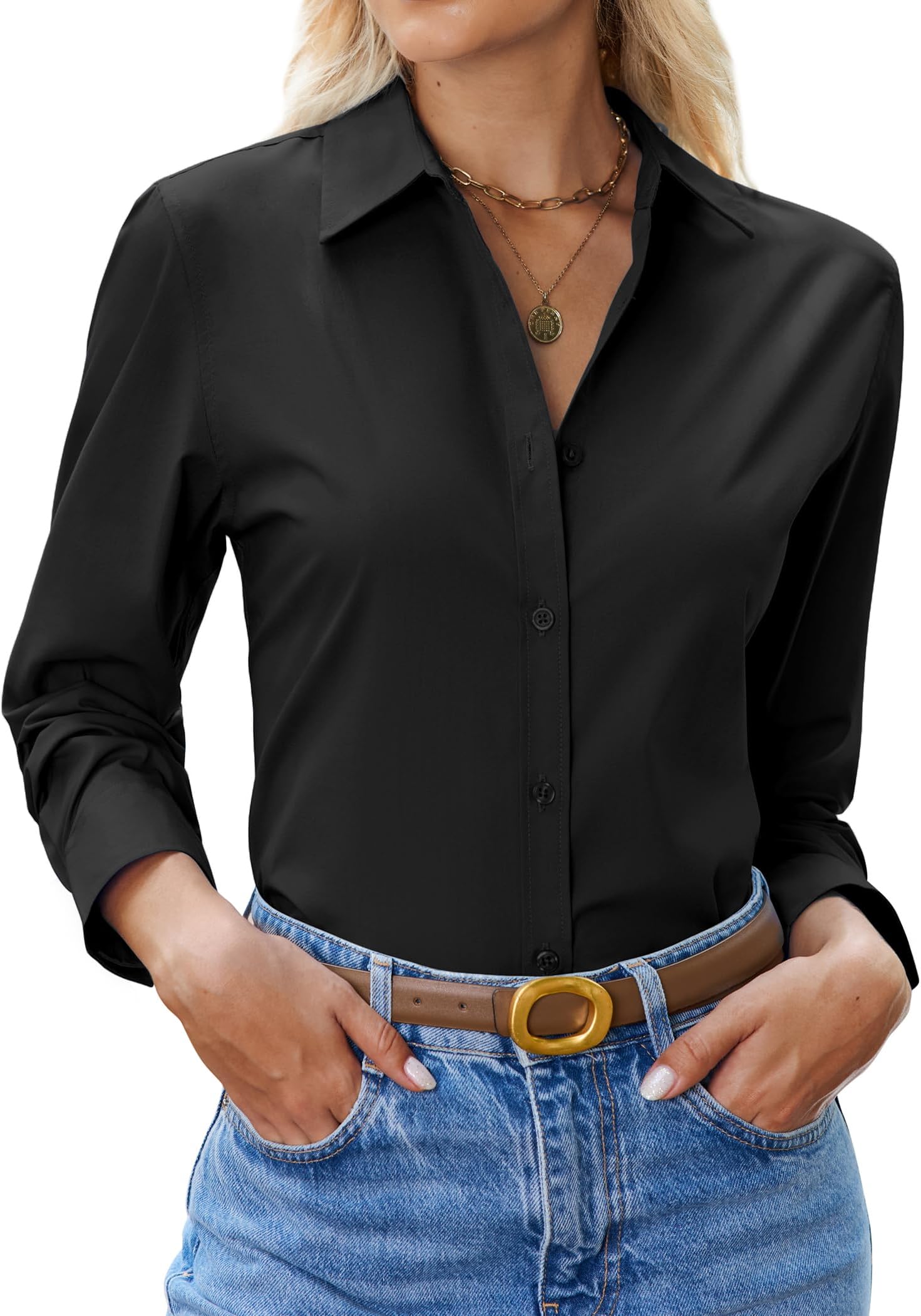 Womens Button Down Shirt Cotton Dress Shirt Long Sleeve Collared Button Up Business Shirt Work Office Blouse