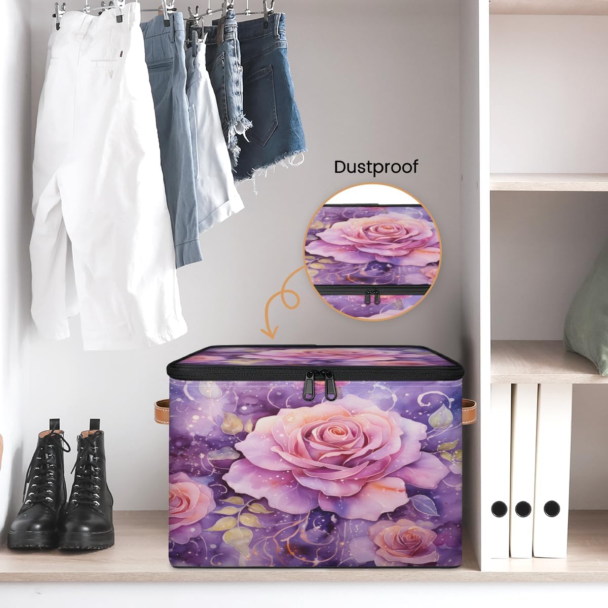 Storage Bin Set of 2 Flower Rose Storage Basket with Zipper Lid & Handle Foldable Closet Shelf 2 Pack Cloth Organizer Basket Cube Bins Clothes Organizer for Bedroom, Nursery