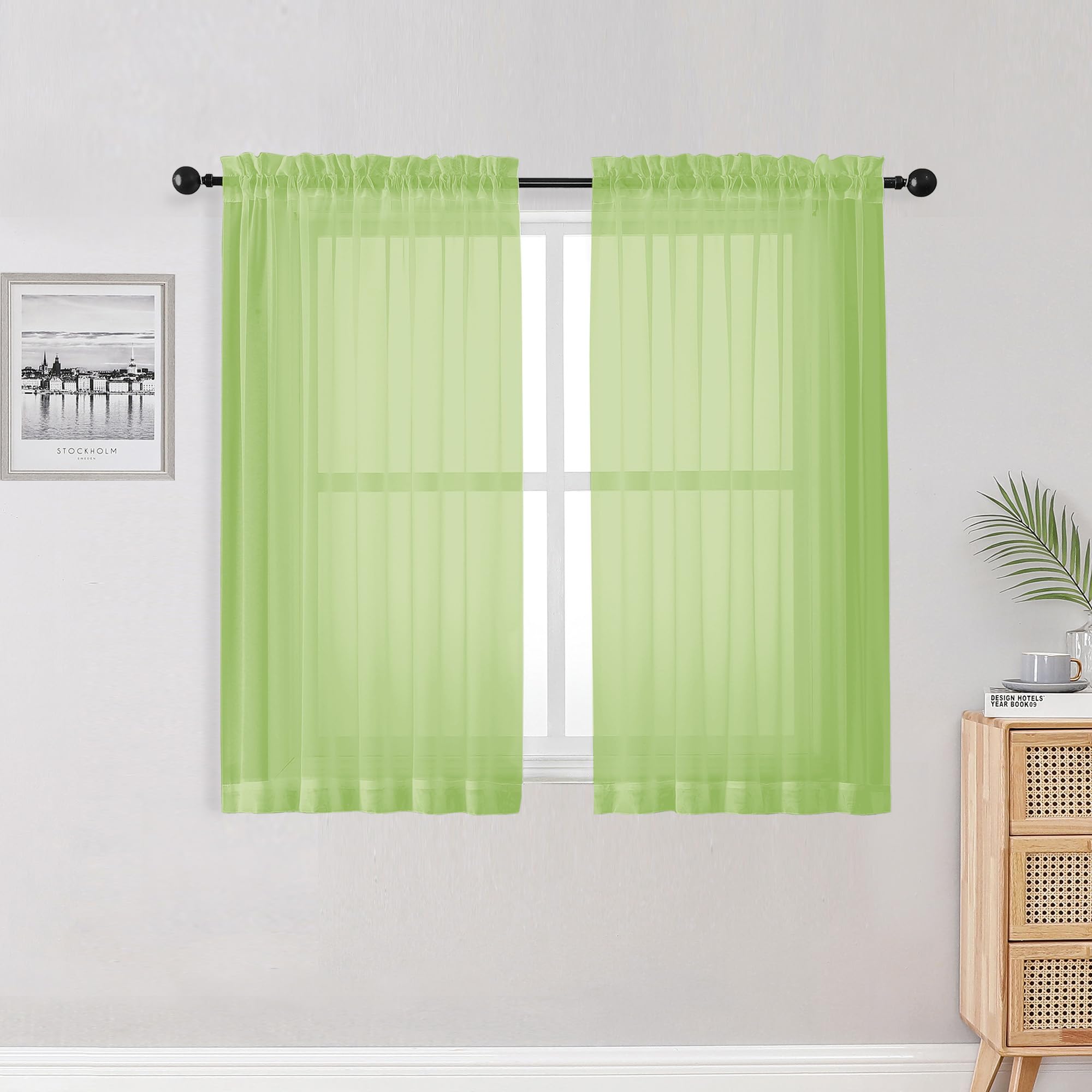 OWENIE Lime Kitchen Sheer Curtains for Bedroom Living Room 45 Inch Length, Bedroom, Soft Solid Light Filtering Voile Short Sheer Curtain for Small Window, 42" W x 45" L, Lime