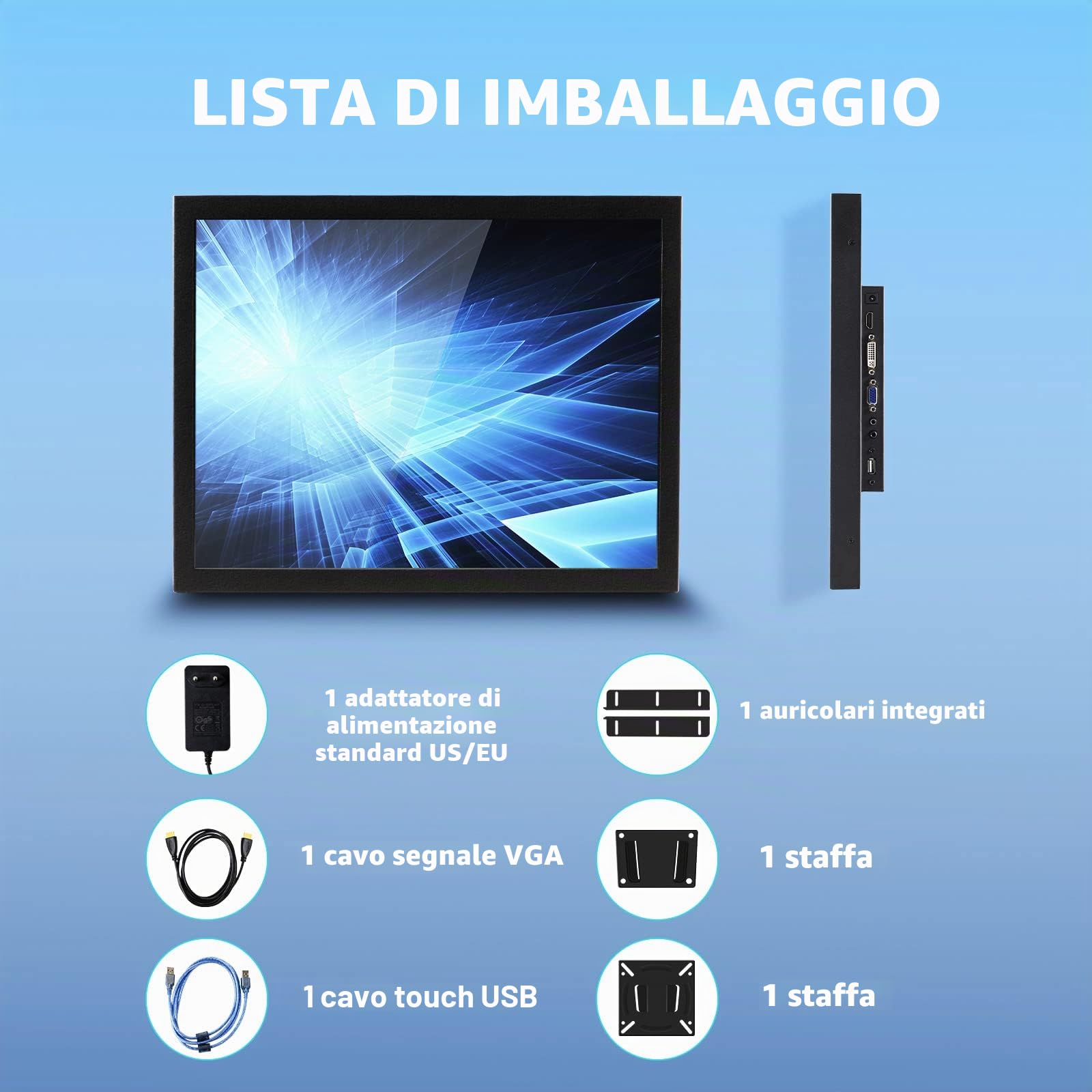 VSDISPLAY Monitor Touch Industriale,schermo LCD 15" 1024x768 400nit IPS | resistivo con ingresso video VGA DVI H/D ,con doppi altoparlanti