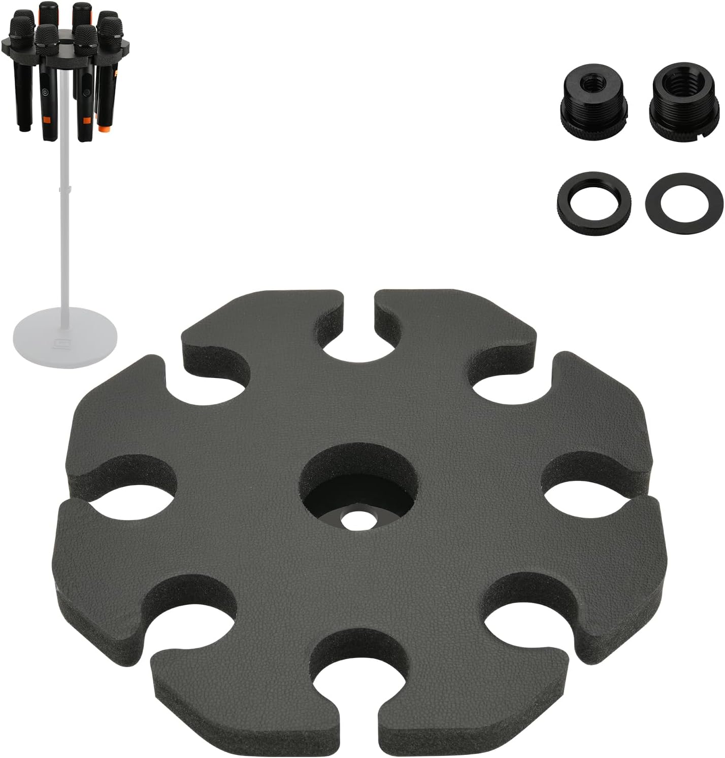 Multi Microphone Holder for Mics Stand, Handheld Microphone Storage Organizer for 1/4", 3/8" and 5/8" Threaded Stand, Mics Tray Attachment Hold up to 8 Mics for Organizer and Display