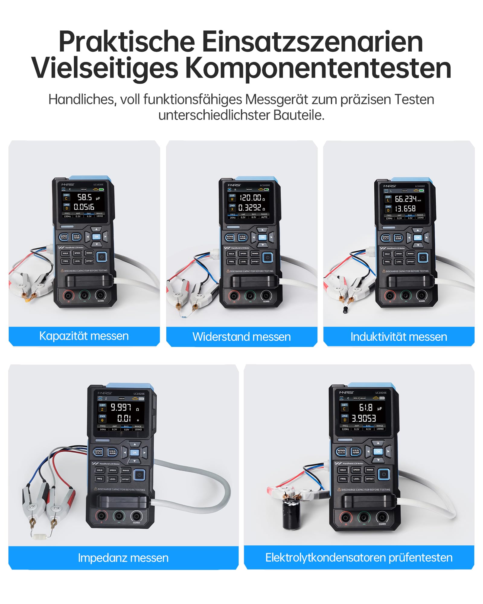 FNIRSI LC1020E 100kHz LCR-Meter, 19999 Counts Widerstands-Induktivitäts-Kondensatortester, Auto Bauteilerkennung, Misst ESR/Q/D/θ/X, Doppelparameteranzeige, Sortierung & offen/Kurzschlusskalibrierung