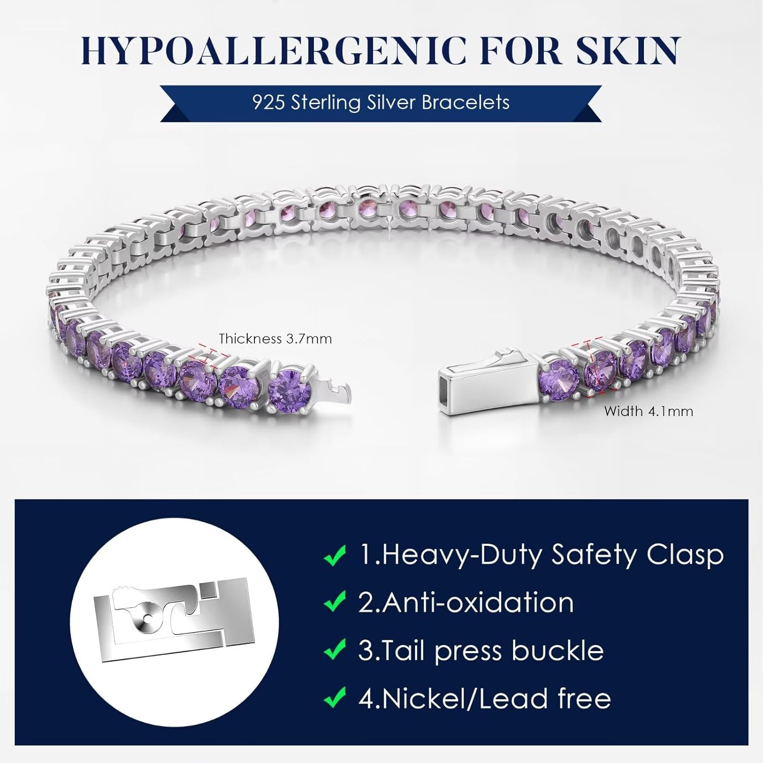 Iefil Tennis Bracelets for Women - Size 6.5" - 7" Sterling Silver Tennis Birthstone Bracelet, Anniversary Birthday Gifts for Women - Image 2