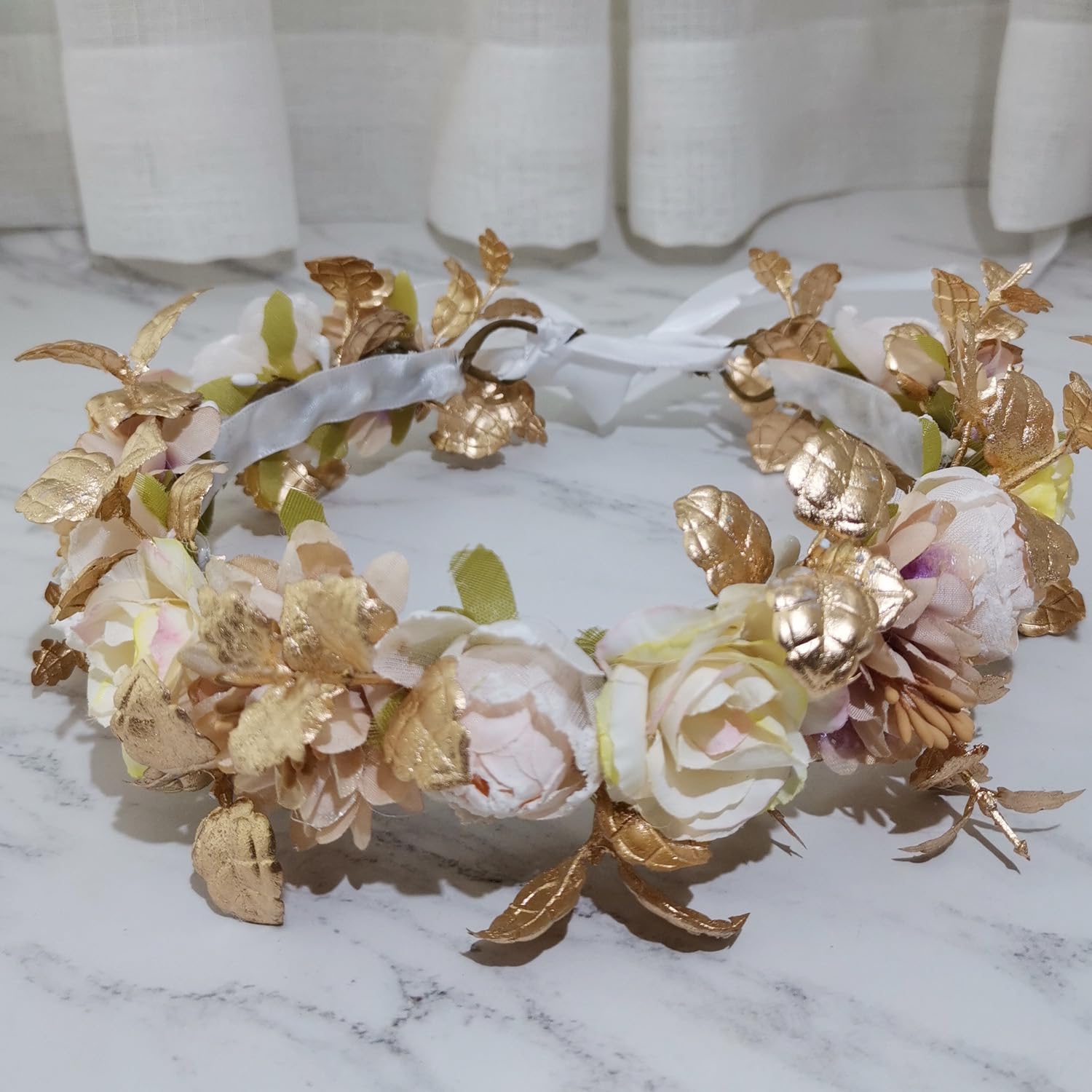 Merroyal Flower Girl Crown Bride Floral Crowns Maternity Bridesmaid Hair Wreath Wedding Photo Props (Ivory Gold Coffee) - Image 2