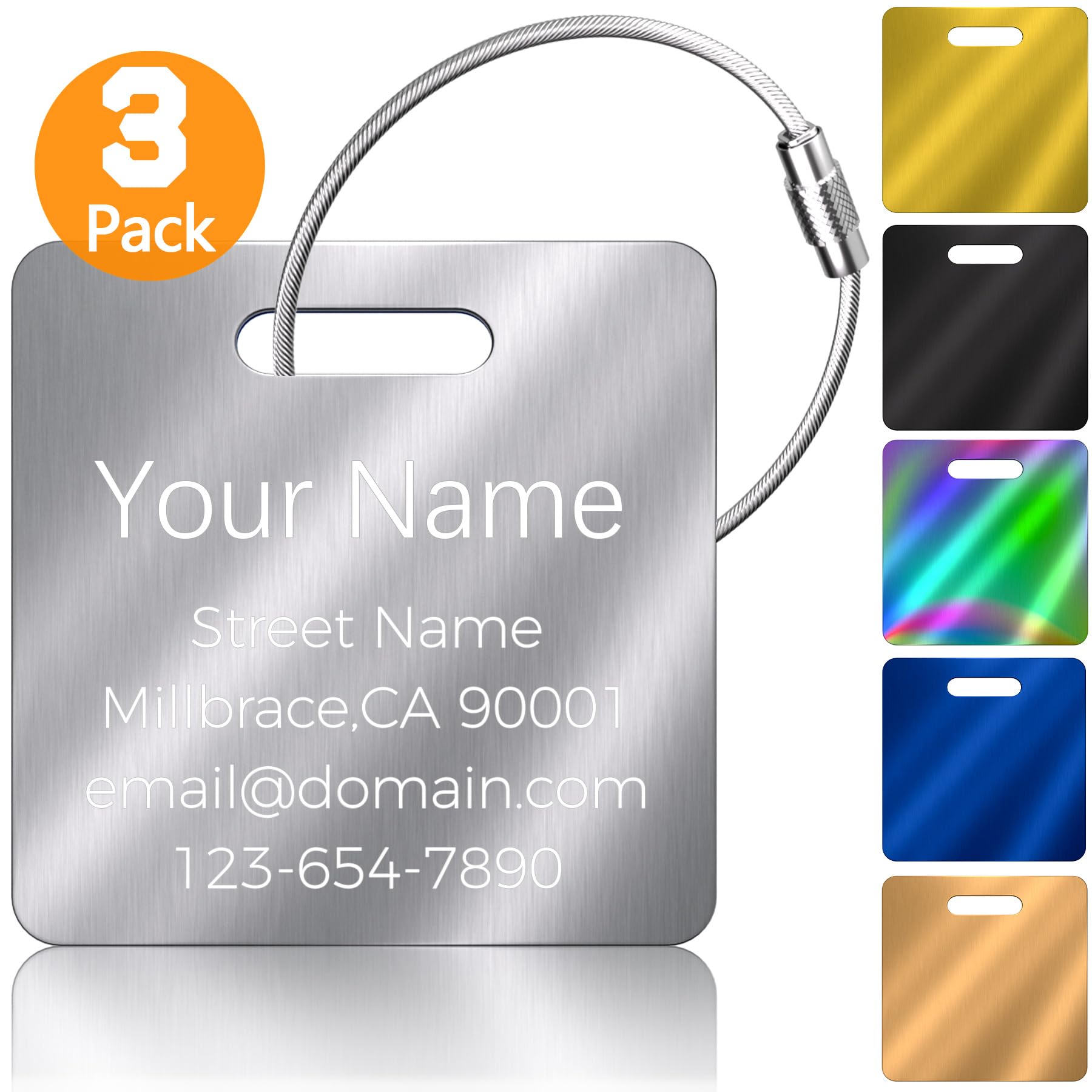 Personalized Luggage Tags for Suitcase 3/6 Pack, Engraved Heavy Duty Stainless Steel with Name Text Logo, Metal Bag Name Tags, Custom Travel Tags for