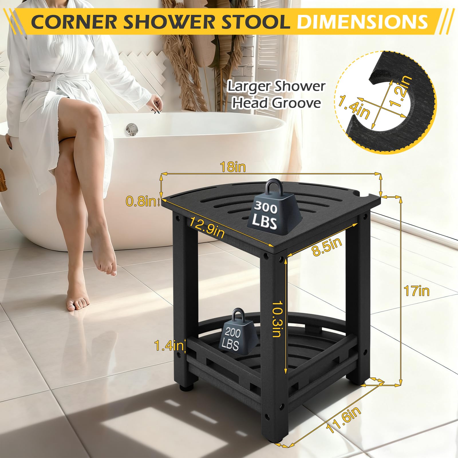 Taburete de ducha de esquina de polietileno de alta densidad para afeitarse las piernas, taburete de ducha impermeable con estante de almacenamiento para baño, color negro