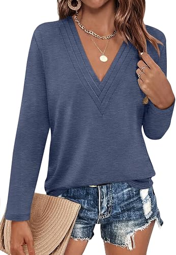 EasyGala Womens Deep V Neck Long Sleeve Shirts Pleated Dressy Casual Tops Sexy Loose Fit T Shirt