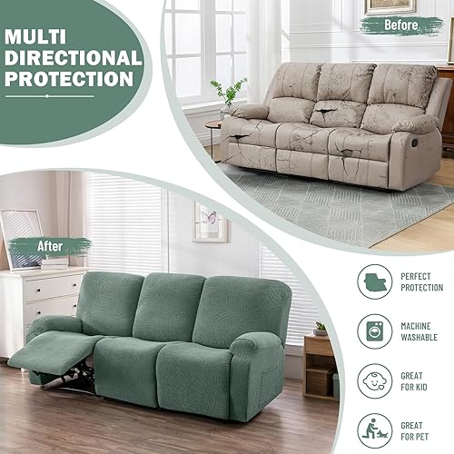 Miniatura 5 de vctops Fundas repelentes al agua para sofá reclinable de 8 piezas, diseño de hojas jacquard, elásticas, suaves para sofá reclinable de 3 cojines,