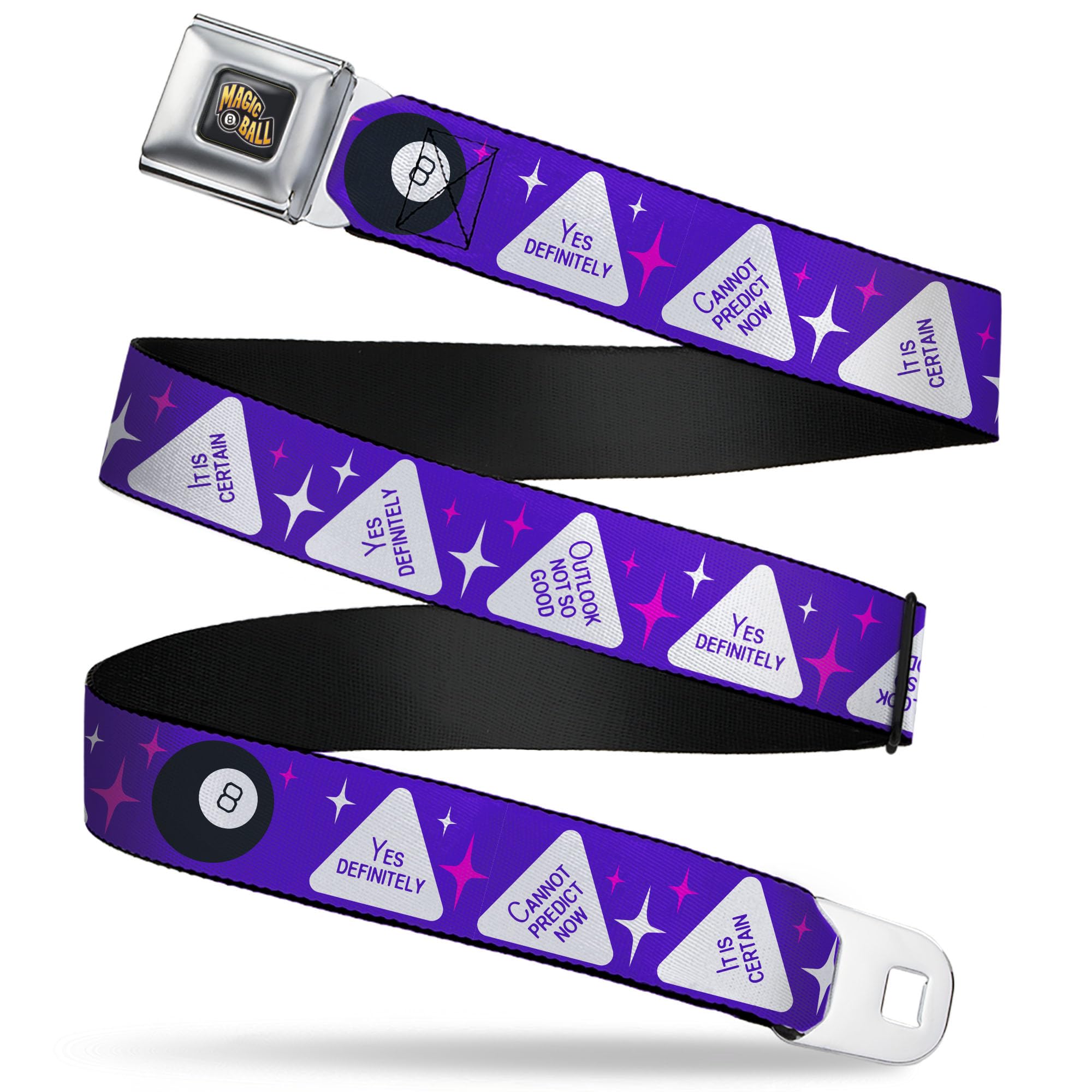 Magic 8 Ball Belt, Seatbelt Buckle Belt, Magic 8 Ball Answers Flip Blue White, Youth 20 to 36 Inches