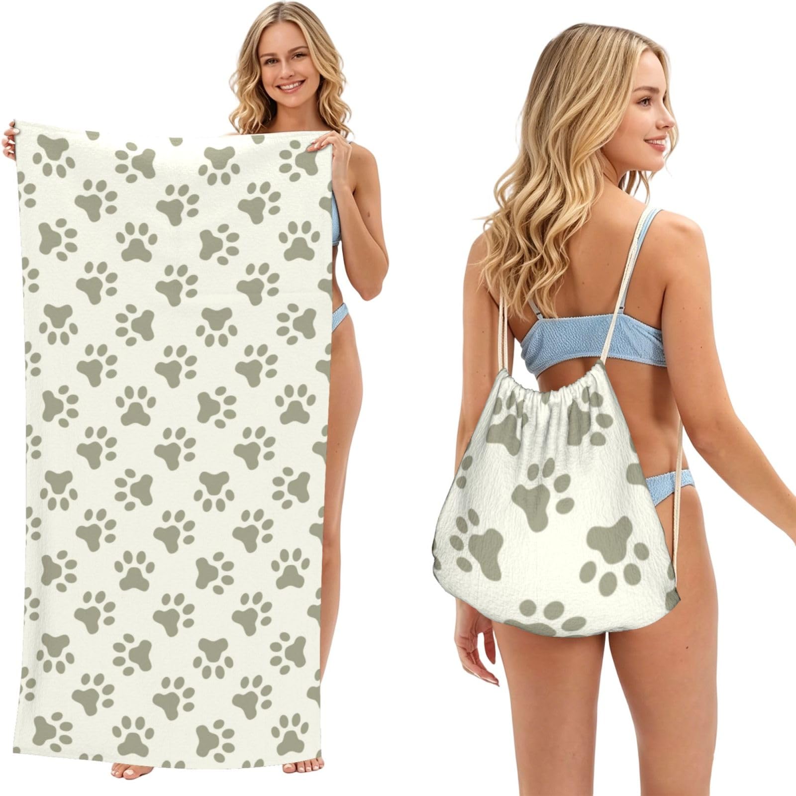 Poadnly As Picture Dog Paws, 2 In 1 Packable Towel Bag, Beach Towels With Drawstring Backpack For Travel Holiday Camping