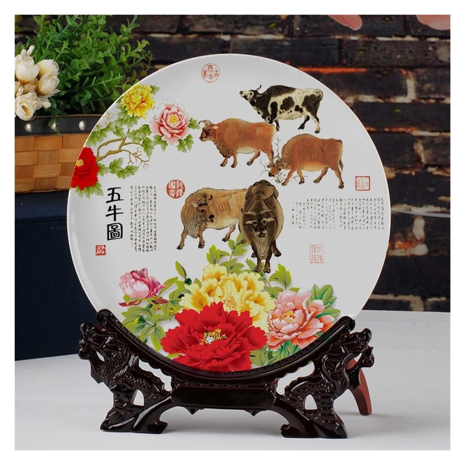 Dekoracyjny talerz do zawieszenia Dekoracyjny ceramiczny talerz do zawieszania, dekoracyjne talerze Cera, 10,2-calowy kreatywny piwonia wzór bydła Salon Dekoracja wnętrz Ceramiczny talerz do zawieszan