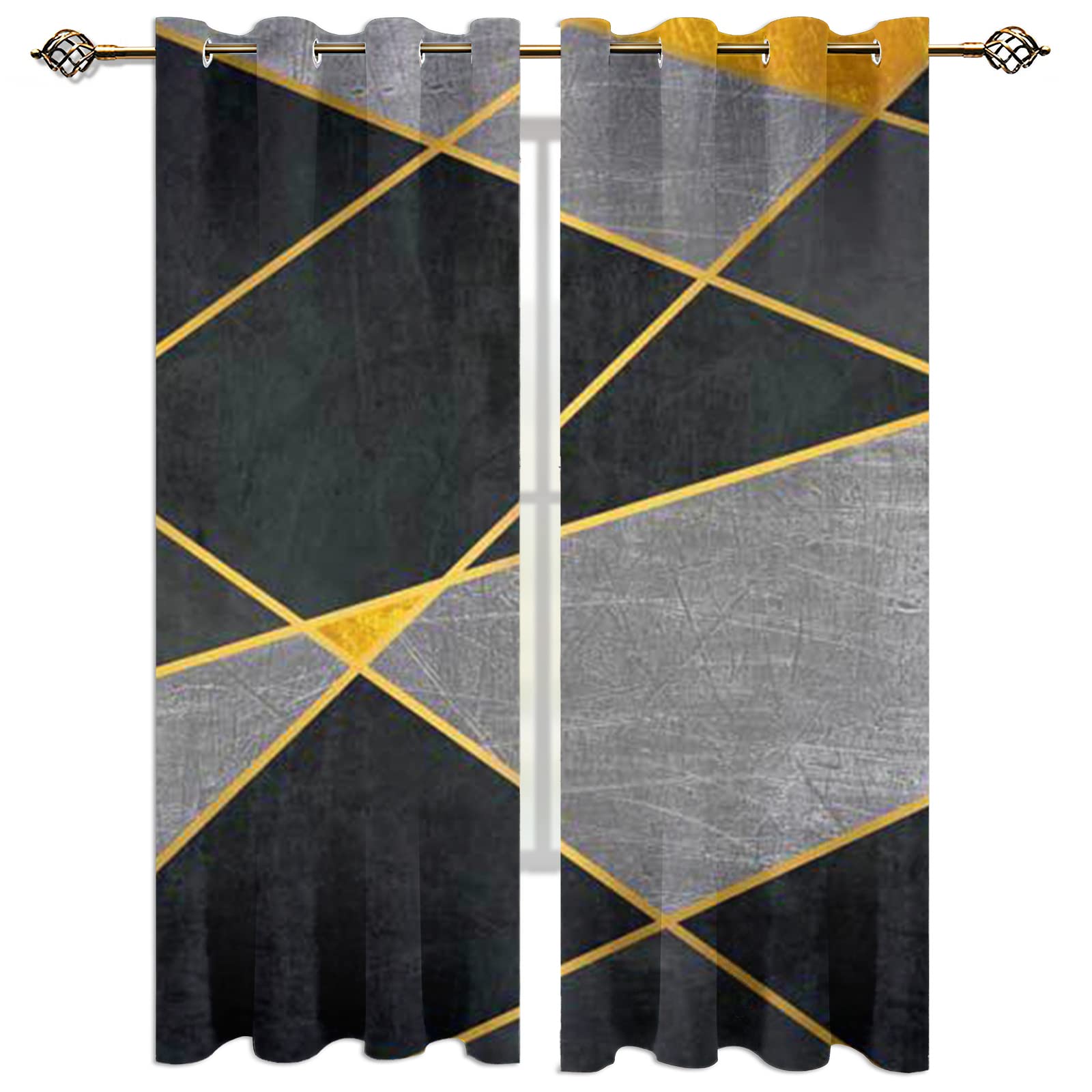 Cortinas Niño Niña Habitacion Opacas Con Ojales 2 Piezas 3D Costuras Geométricas Negrasgrises Y Amarillas Patrón 234X230Cm（An X Al）Cortinas Termicas Aislantes Frio Y Calor Salón Dormitorio Ventana