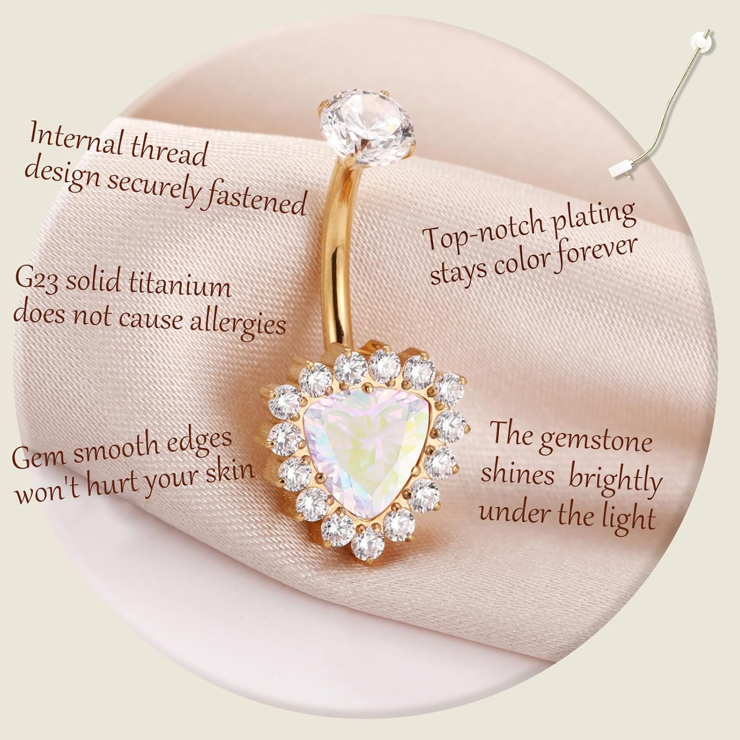 AROWRO Belly Button Ring Titanium Gold Sliver Hypoallergenic 14G Triangle Belly Button Piercing 10mm Barbell for Women With Cubic Zircon Opal - Image 2