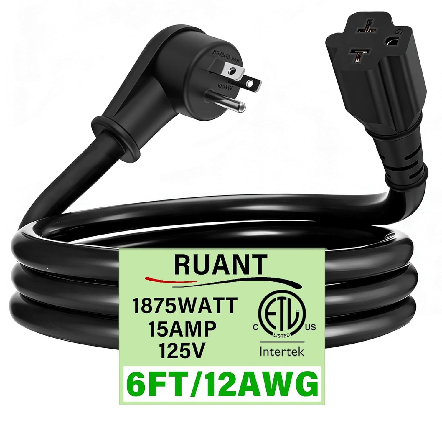 Heavy Duty 15 Amp to 20 Amp Plug Adapter Cable, 12AWG Right Angle NEMA 5-15P to 5-20R/6-15R/6-20R T Blade 125V/250V Power Cord for Home Workshop Garage(6Ft)
