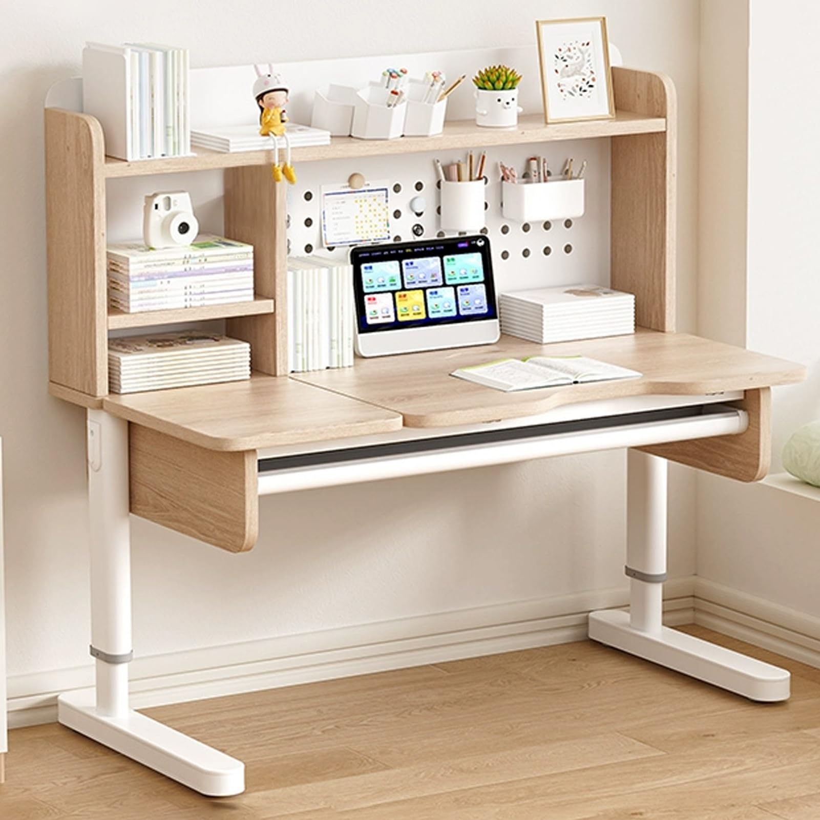 MYUYEE Adjustable Manual Standing Desk With Pegboard Storage - Stand Up Desk For Home Office, Easy To Install, Sit Stand Desk With Adjustable Tabletop (Natural-47.2In)
