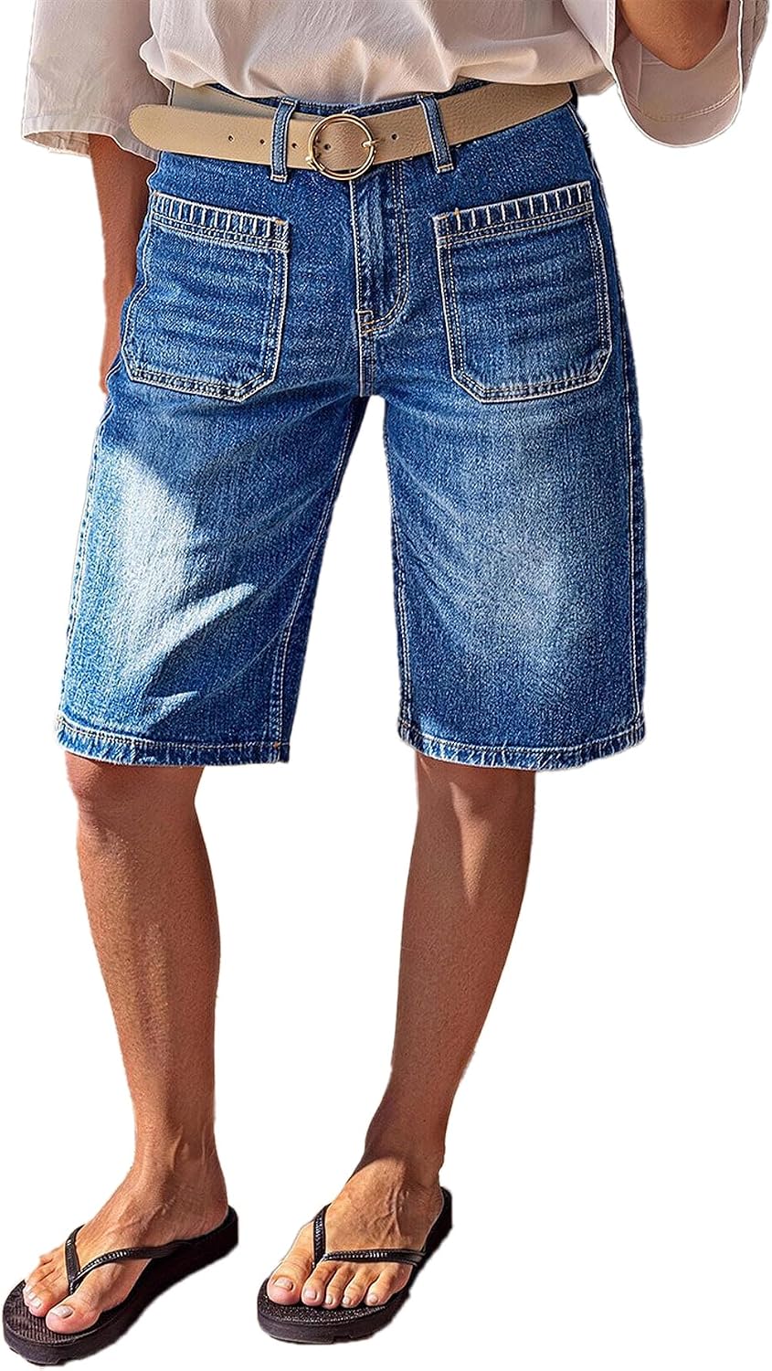 Flamingals High Rise Denim Bermuda Straight Leg Shorts