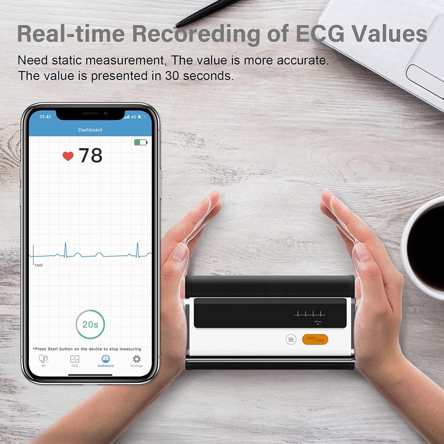 A person holding the Wellue BP2A monitor with both hands to perform an ECG measurement, with a smartphone displaying the real-time ECG waveform.