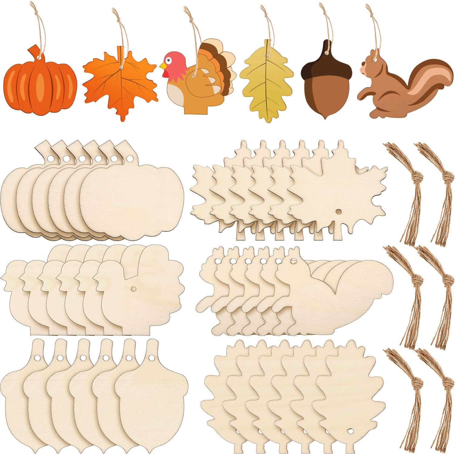 Jetec 60 Pcs Fall Unfinished Wooden Ornaments Thanksgiving Wood Cutout