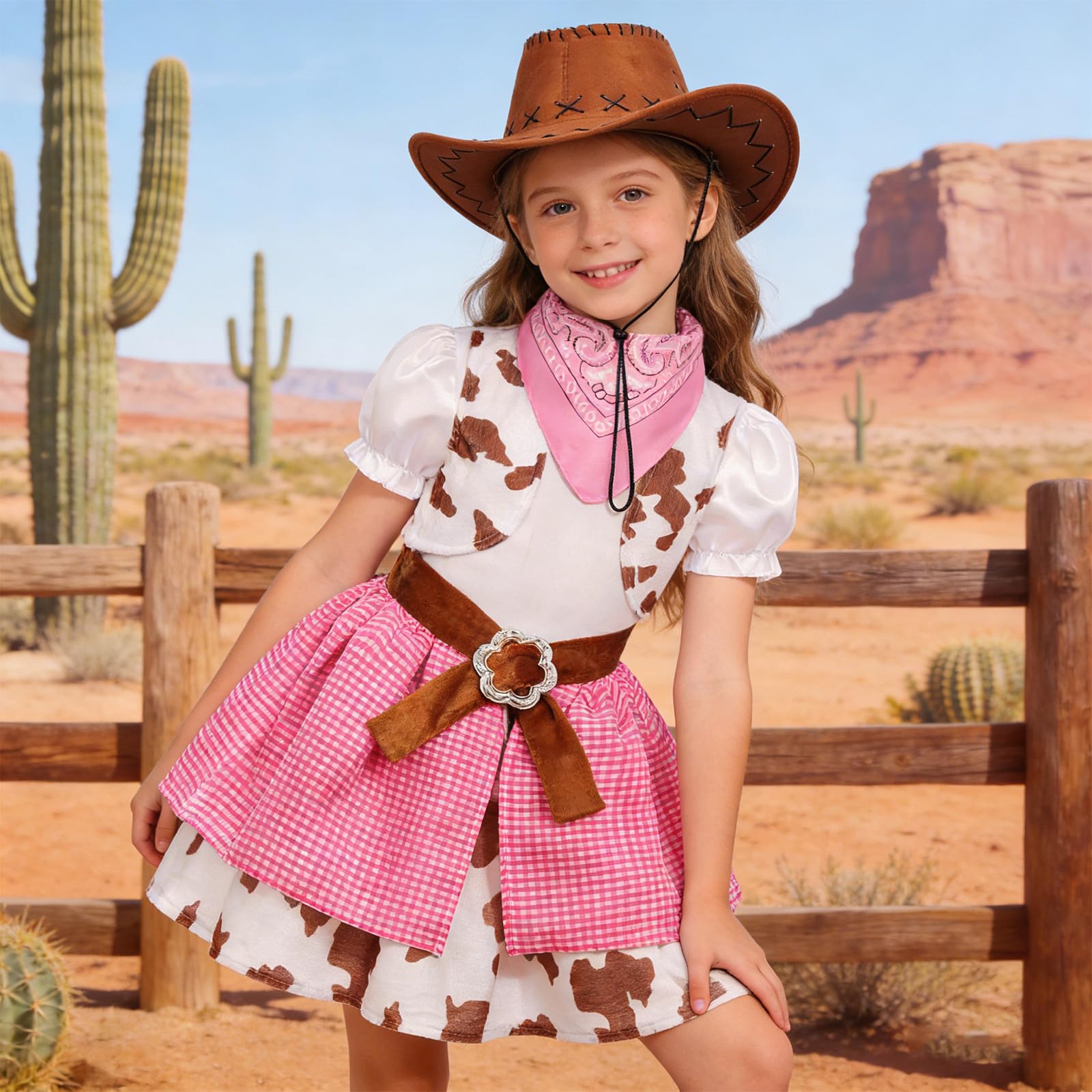 Generisch Cowgirl Kostüm Mädchen 3 Teiliges Cow Girl Karnevalskostüm mit Bandana und Hut Karneval Faschingskostüme Cowboy Fasching Pink Teenager für Kinder 8-13 Jahre
