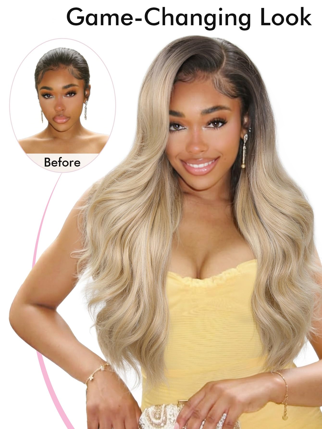 WIGNEE 13x6 Lace Front Wig Ombre Blond Flip Curl Salonowy Styl Dla Kobiet | Włókno Futura odporne na ciepło, Bezklejowa HD Lace Front falista peruka, 74 cm modne Flip Curl dla kobiet