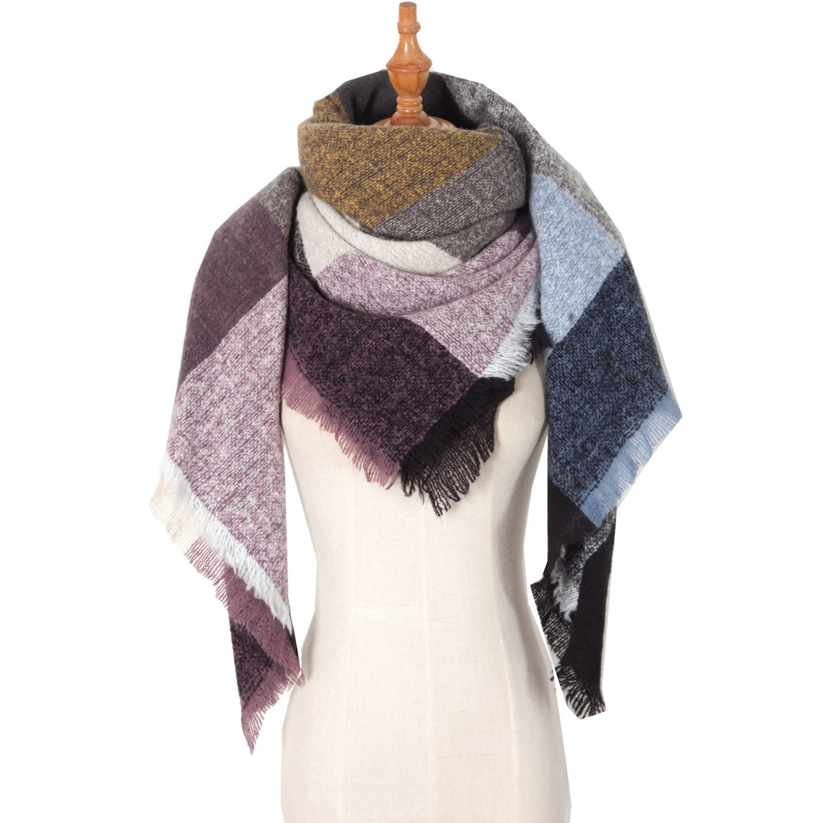 Sciarpa di Design da Donna Foulard Grande Leggero in Lana Caldo Scialle in Cashmere Sciarpa Invernale Elegante Stola in Morbida Pashmina a Quadri(H-One Size)