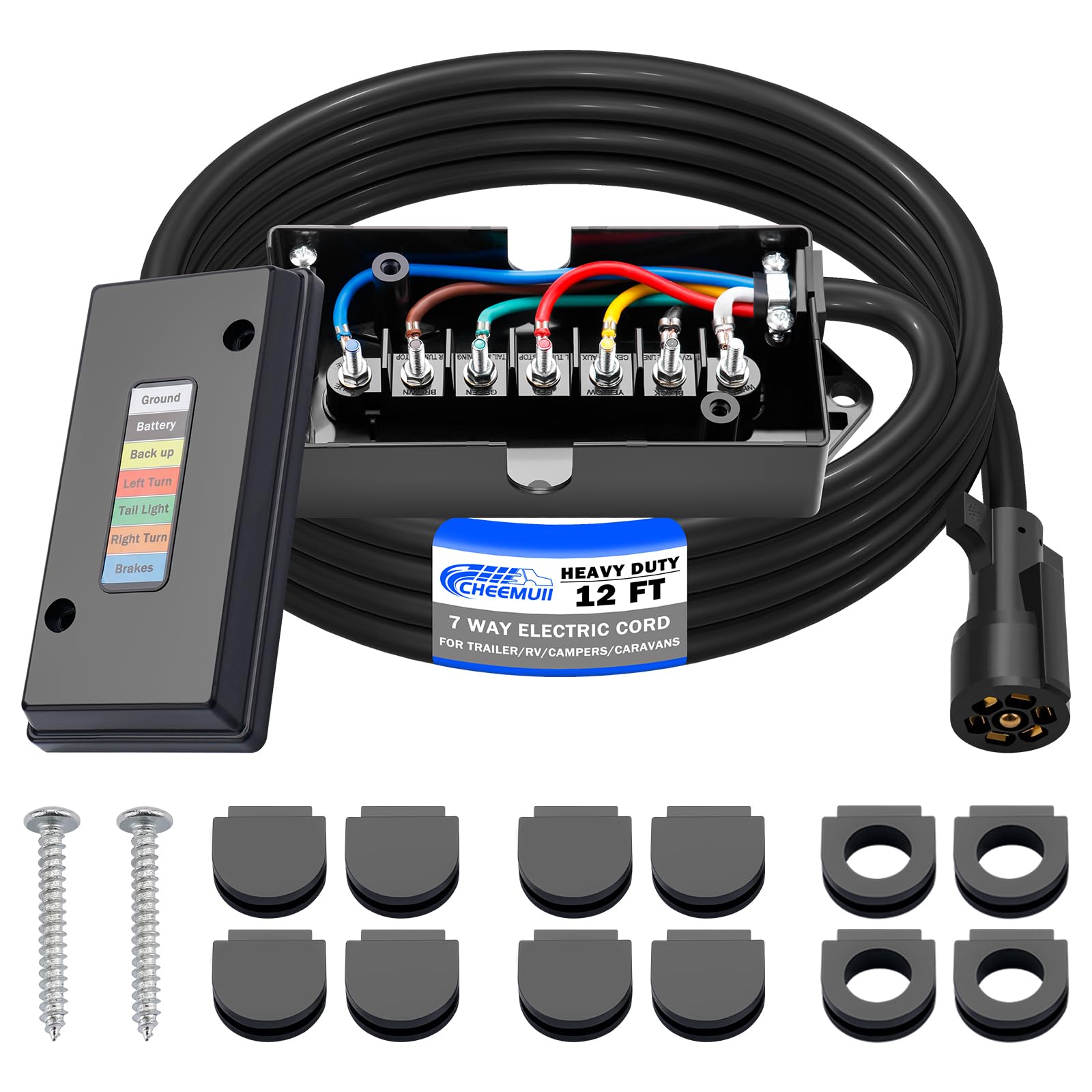 CheeMuii 12FT 7 Way Trailer Wiring Harness Kit Junction Box 7 Trailer Cord