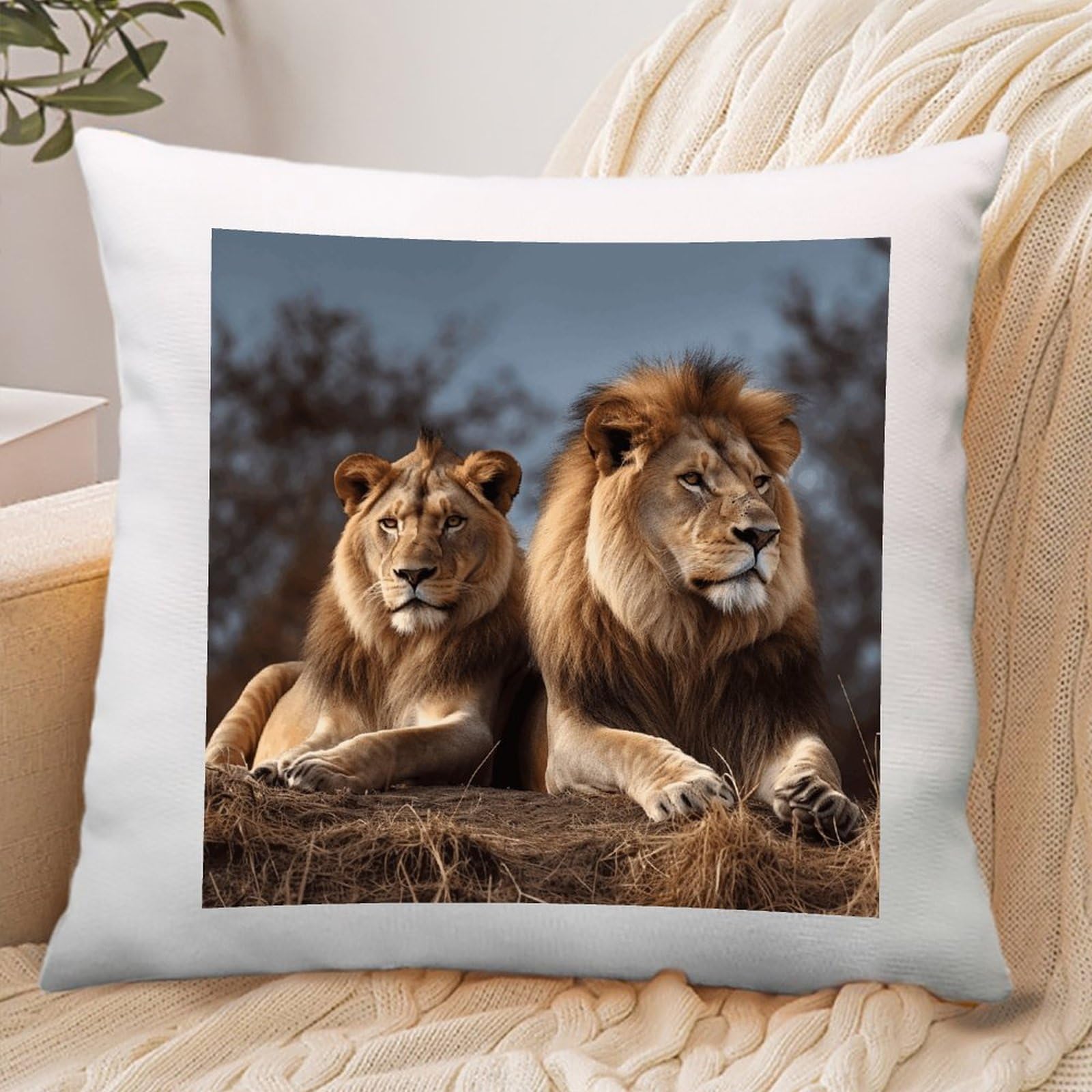 VstaDank Two Lions Throw Pillow Covers Square Cushion Cases with Zipper Soft Cotton and Linen Pillowcase Luxury Cozy Pillows Shams Lumbar Pillow Shells for All Seasons