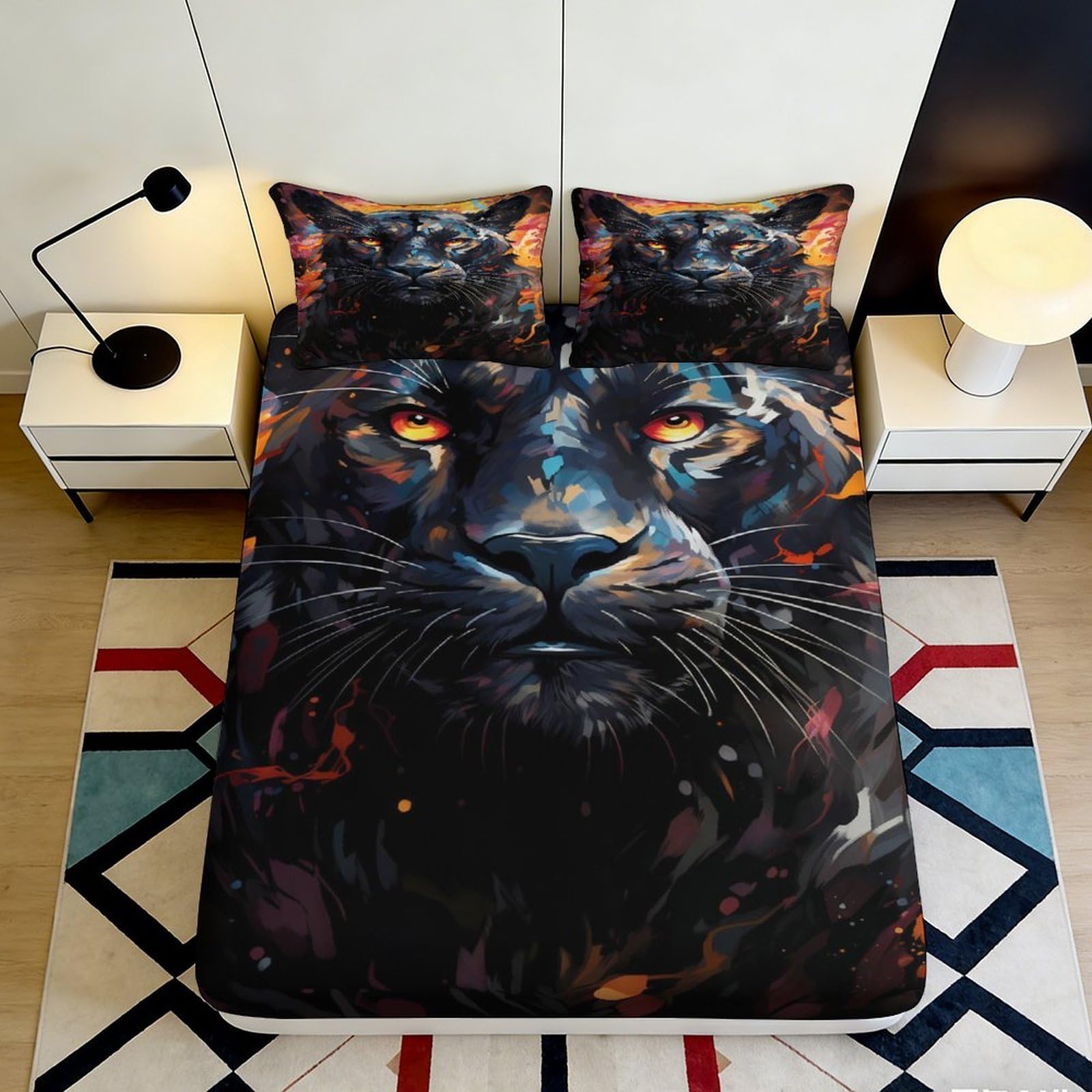 3D Printed Black Panther Fitted Sheet Microfiber Soft Durable Animal Print Bed Cover for Bedroom Dormitory Guest Room Mattress Protection 180x200x25cm