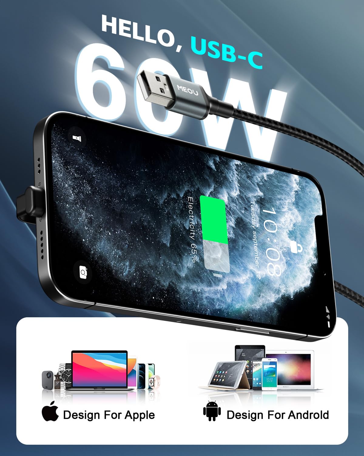 Cavo da USB a USB C da 3 m, 60 W, da USB A a USB C, cavo di ricarica rapida USB C ad angolo retto in nylon intrecciato per iPhone 16/15, iPad Pro, Samsung Galaxy S21/S22/S23/S24, Note 20 10, Pixel 8,