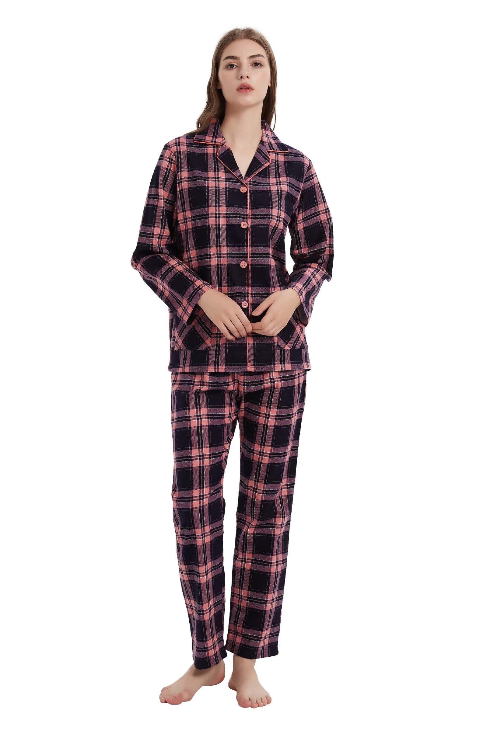 GLOBAL Women's Flannel Pajamas Set 100% Cotton PJs for Women Long Sleeve Button Drawstring Waist Warm Loungewear Sleepwear