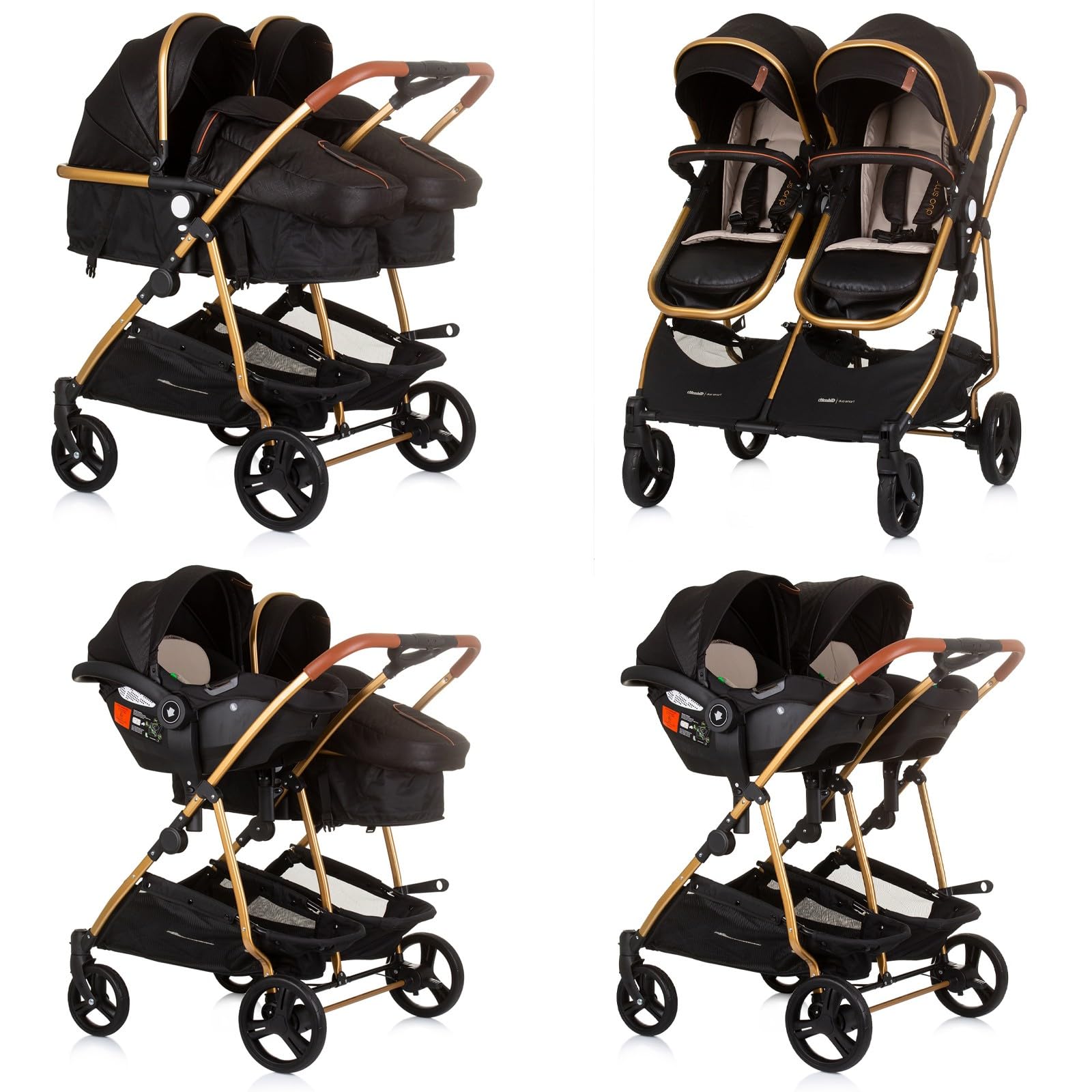 DUO SMART - Passeggino gemelli o bambini stretti, larghezza 79 cm, nero + 2 accoglienti neri