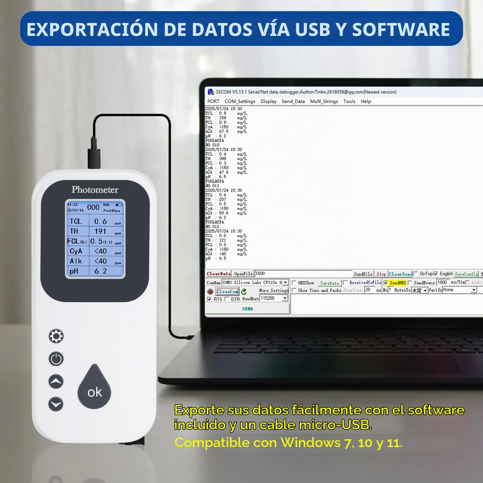 Kit Digital 7 en 1 para Análisis del Agua de Piscinas Medidor de pH, Cloro, Bromo, Dureza y Alcalinidad, Registro de Datos, Puerto USB con Analizador de Agua y Tiras Reactivas para Piscinas y Spas