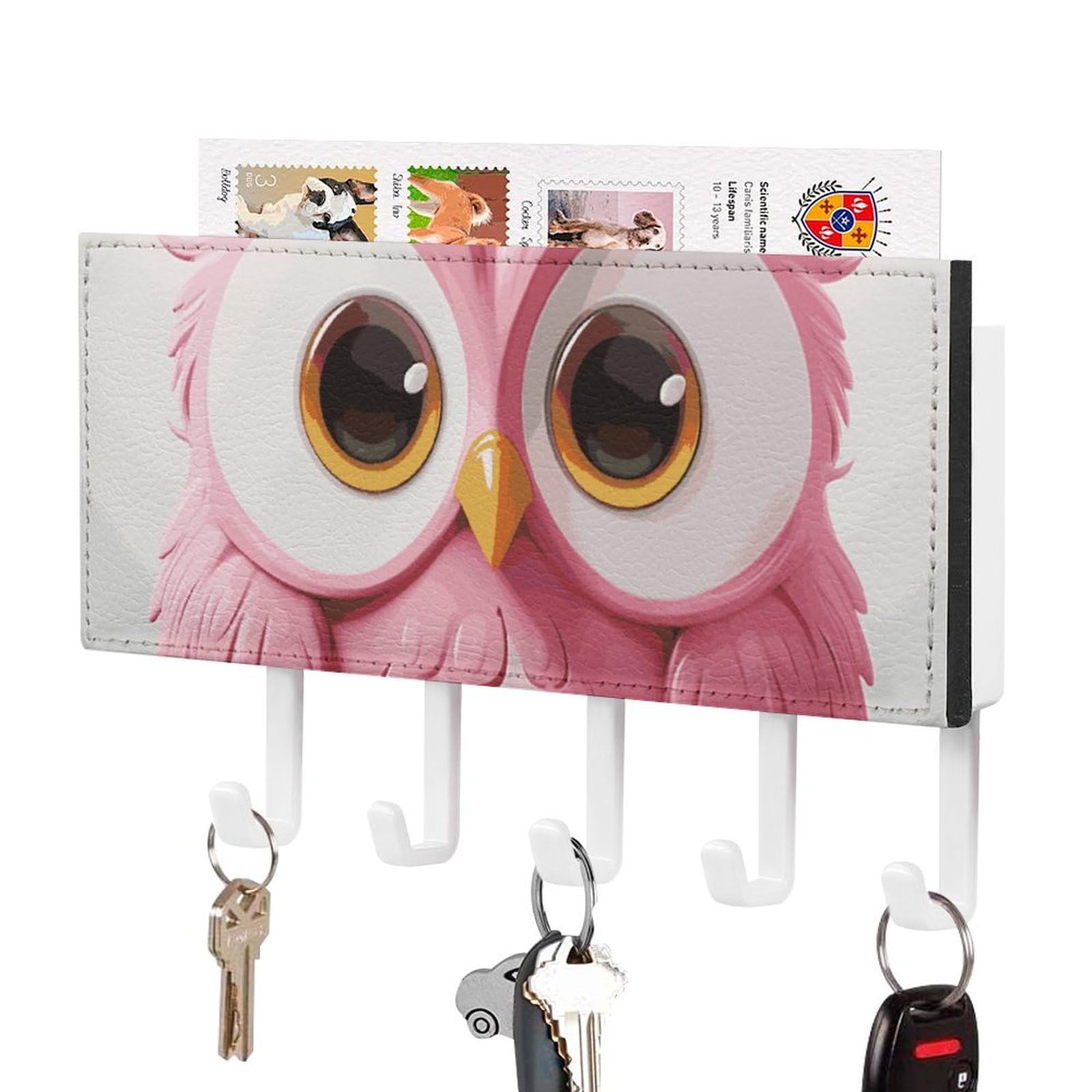 JTREHY A Pink Owl Holder Wall-Mounted Key and Mail Holder,Key Rack with 5Keys Hooks, Easy to Install Mail Organizer for Entryway, Front Door, Hallway, Office